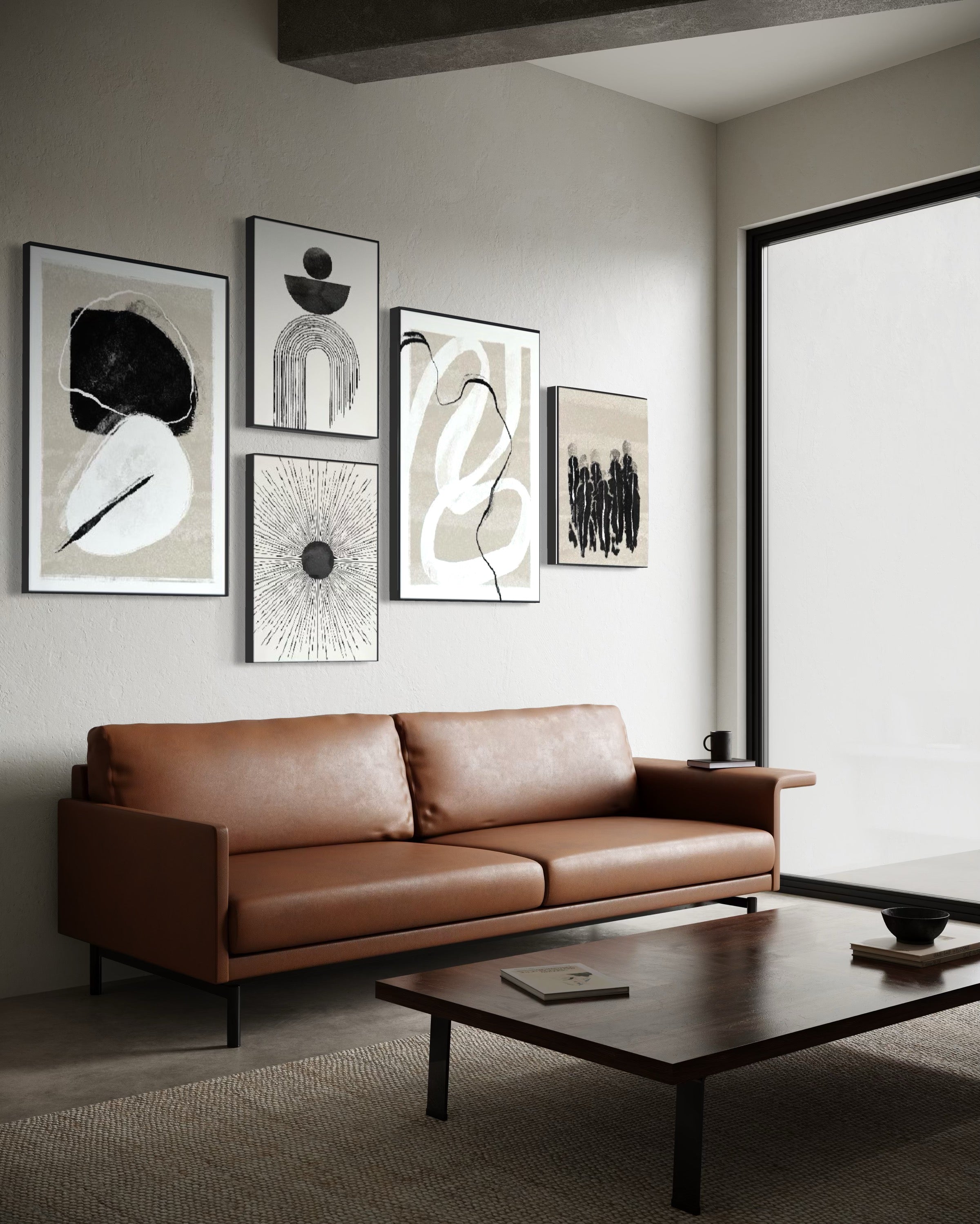 Set Cuadros Decorativos Abstracto Negro Arena 2 - 226A - 5piezas Arte Moderno Estilo Nordico Boho Tonos Neutros