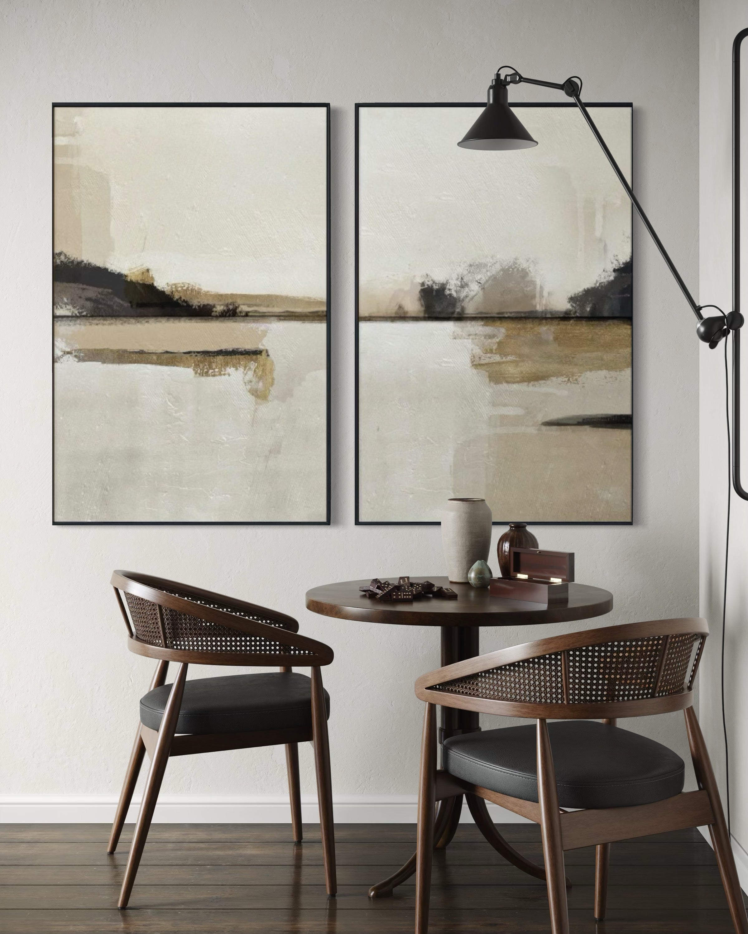 Set Cuadros Decorativos Abstracto Negro Arena 2 - 216 - Diptico Minimalista Arte Moderno y Elegante Tonos Beige y Negro