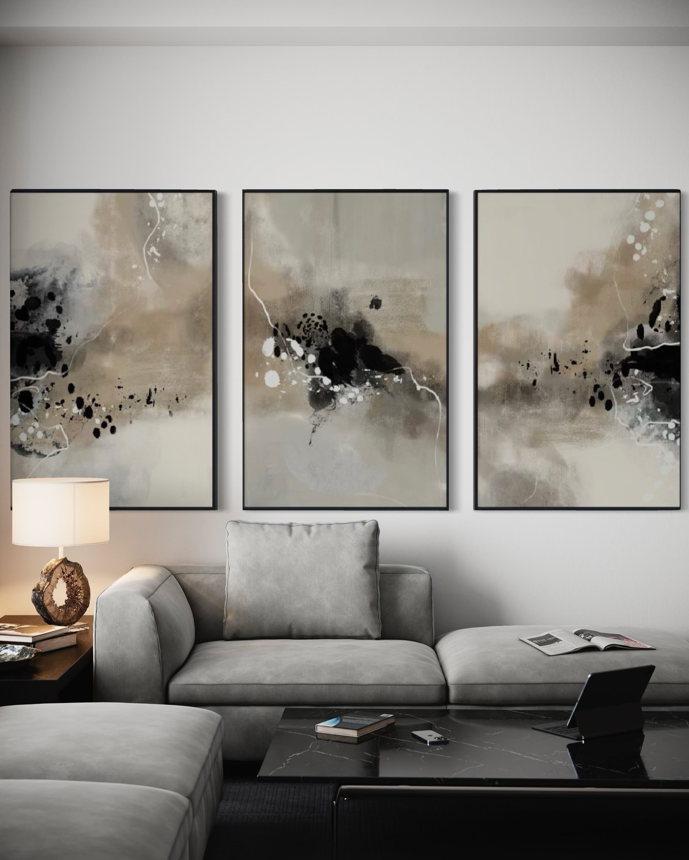 Set Cuadros Decorativos Abstracto Negro Arena 2-236- Tríptico Modernos y Elegante Estilo Boho en Tonos Neutros