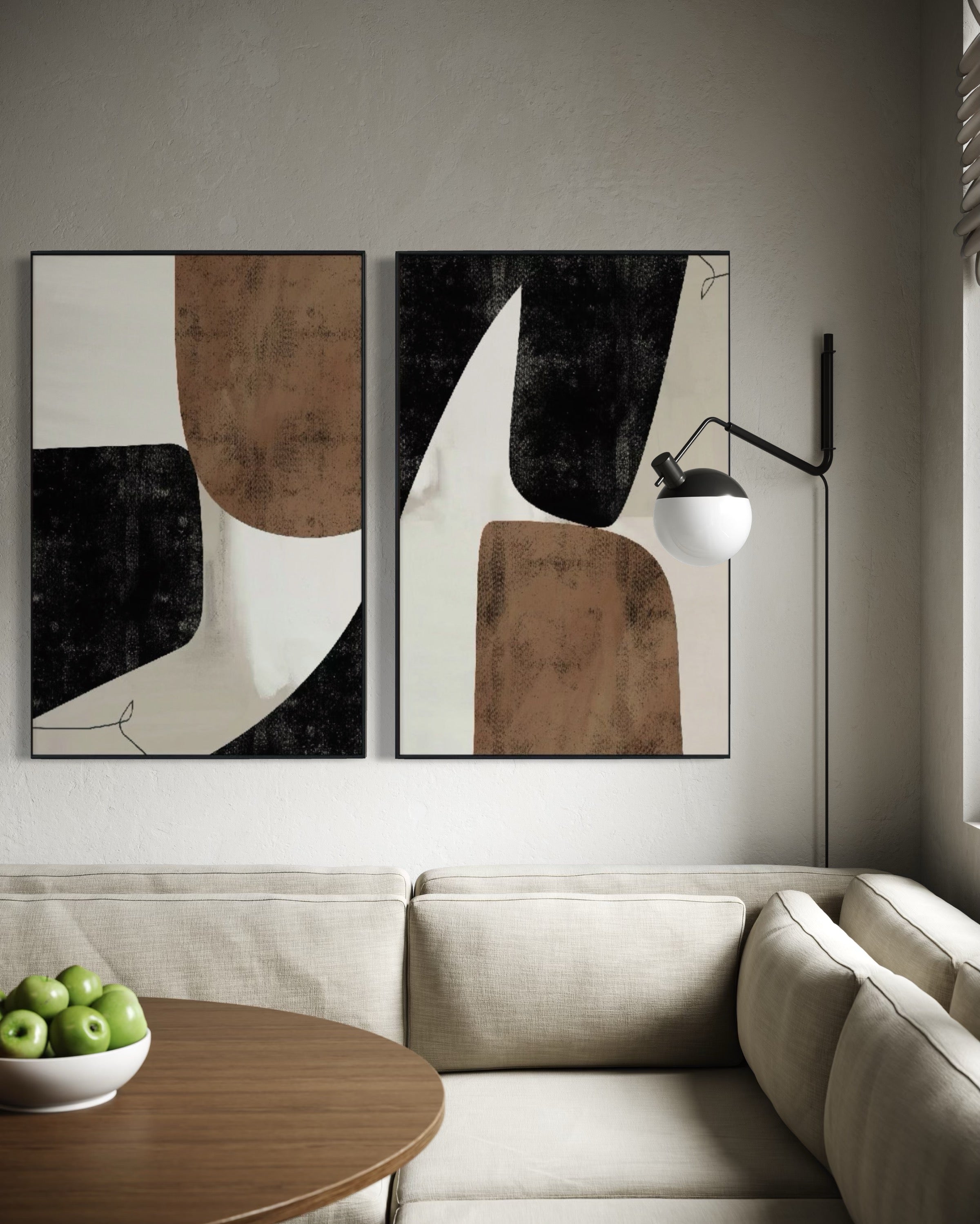 Set Cuadros Decorativos Abstracto Negro Arena 2 - 208 - Diptico Moderno y Elegante Estilo Nordico Boho en Tonos Neutros