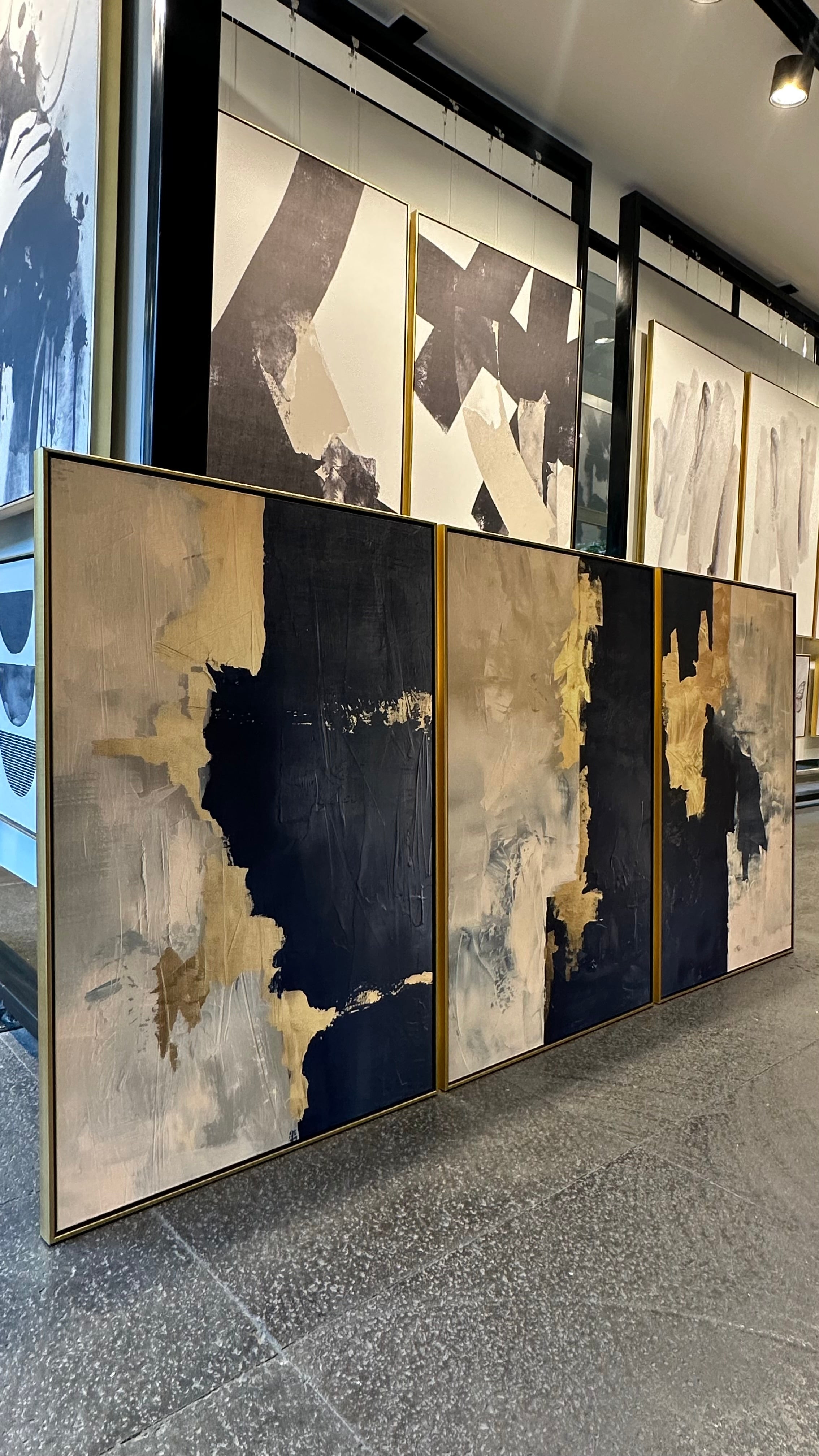 Set de 3 Cuadros Decorativos Abstract Colors 3-312 - Arte Moderno y Elegante en tono Azul, Beige y Dorado-Triptico