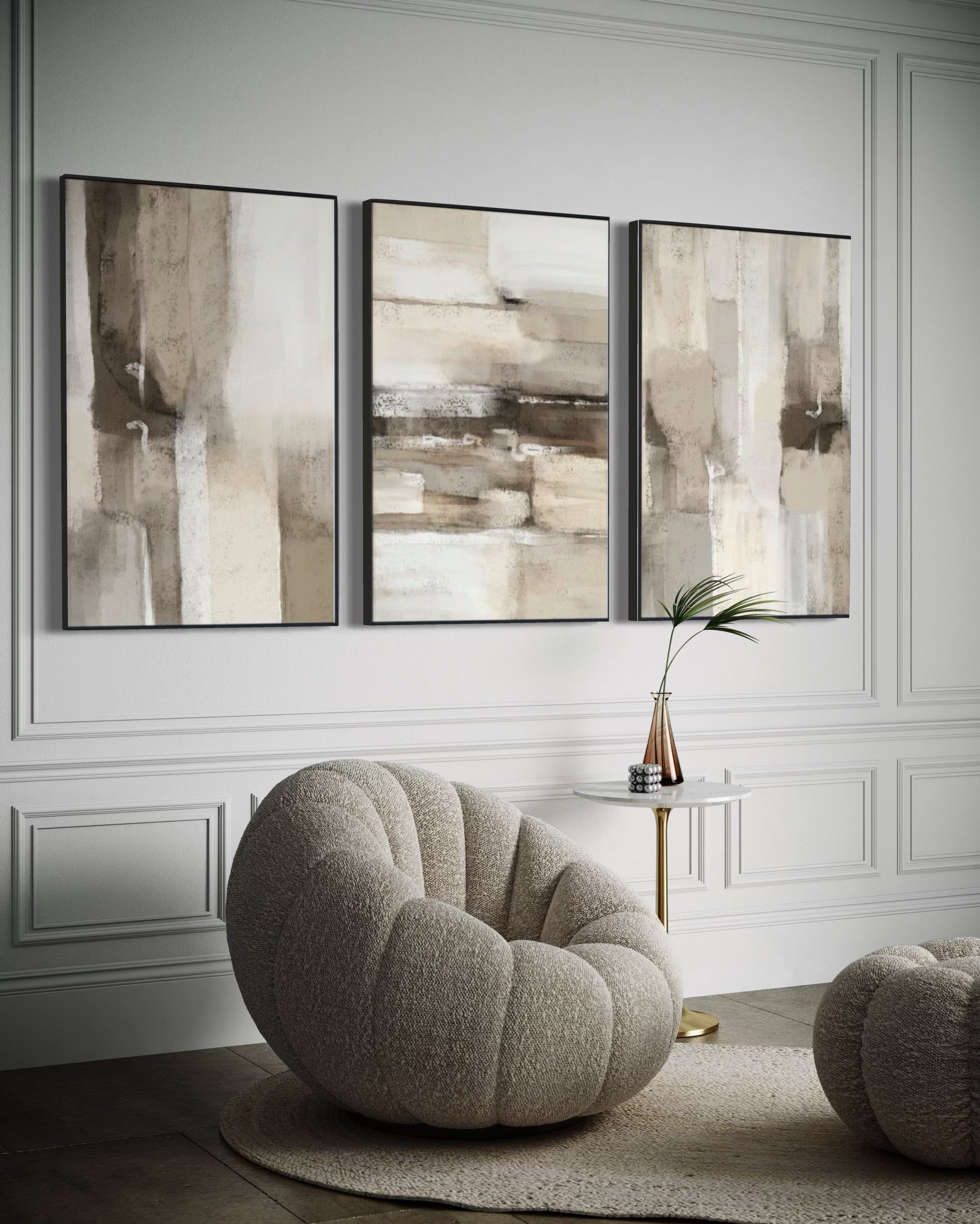 Set Cuadros Decorativos Abstracto Negro Arena 2 - 211 - Triptico En tonos Beige y Cafe Colores Neutros Arte Moderno Estilo Boho Nordico