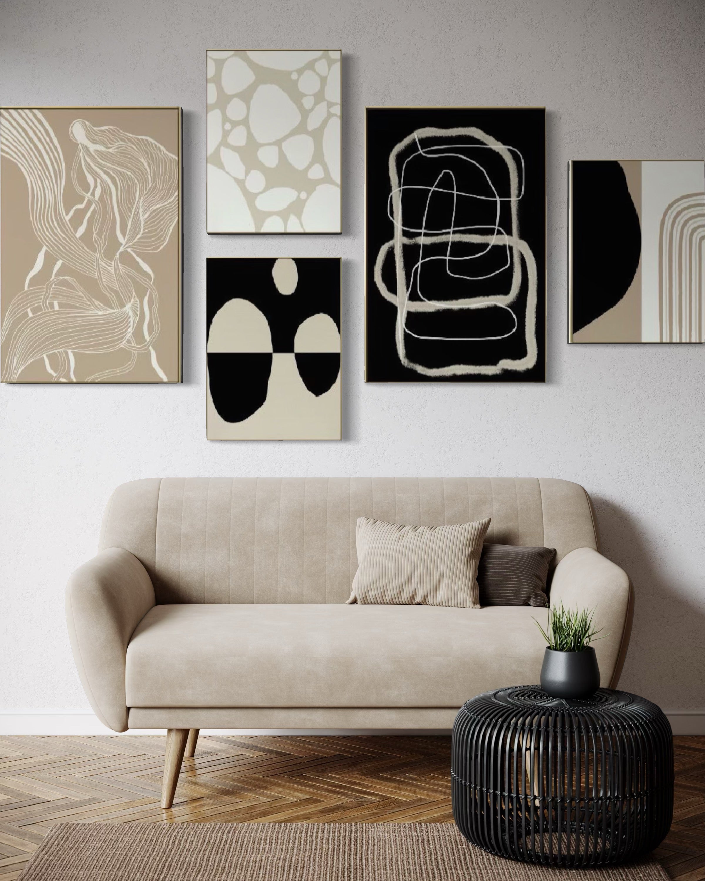 Set Cuadros Decorativos Abstracto Negro Arena 2 - 230A- 5piezas Arte Moderno Estilo Nordico Tonos Neutros