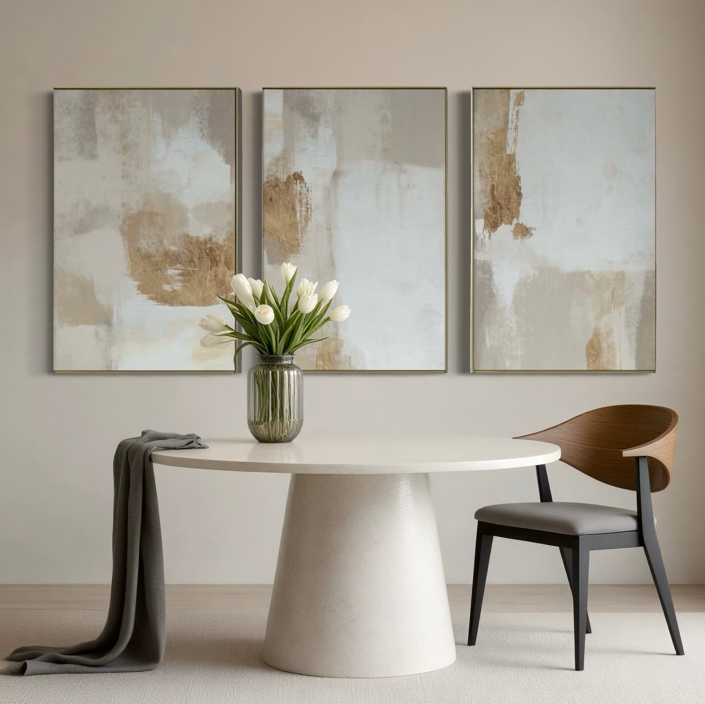 Set Cuadros Decorativos Abstracto Negro Arena 2 - 279 - Triptico Moderno y Elegante Arte Estilo Boho en Blanco, Beige y Dorado Oro