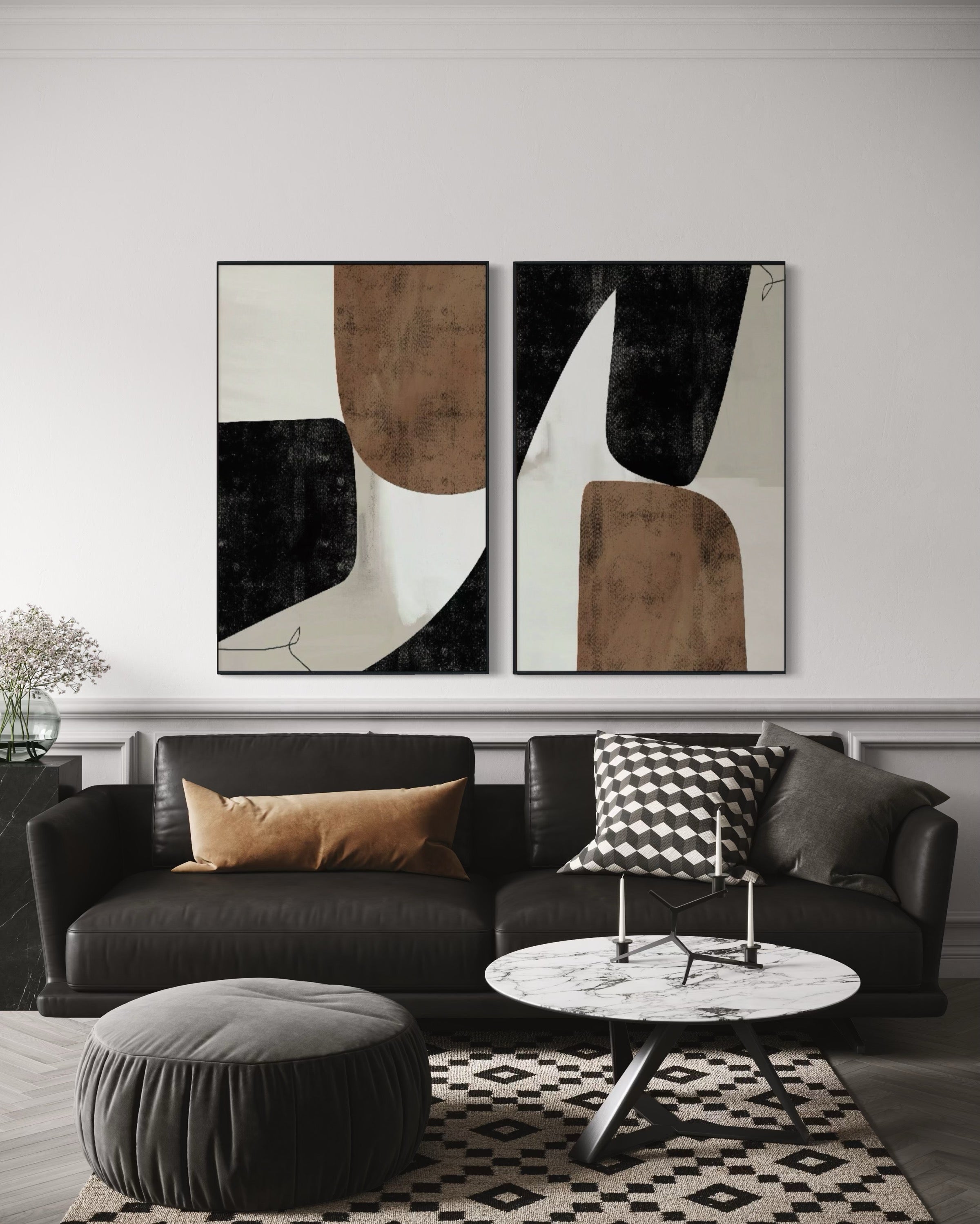 Set Cuadros Decorativos Abstracto Negro Arena 2 - 208 - Diptico Moderno y Elegante Estilo Nordico Boho en Tonos Neutros