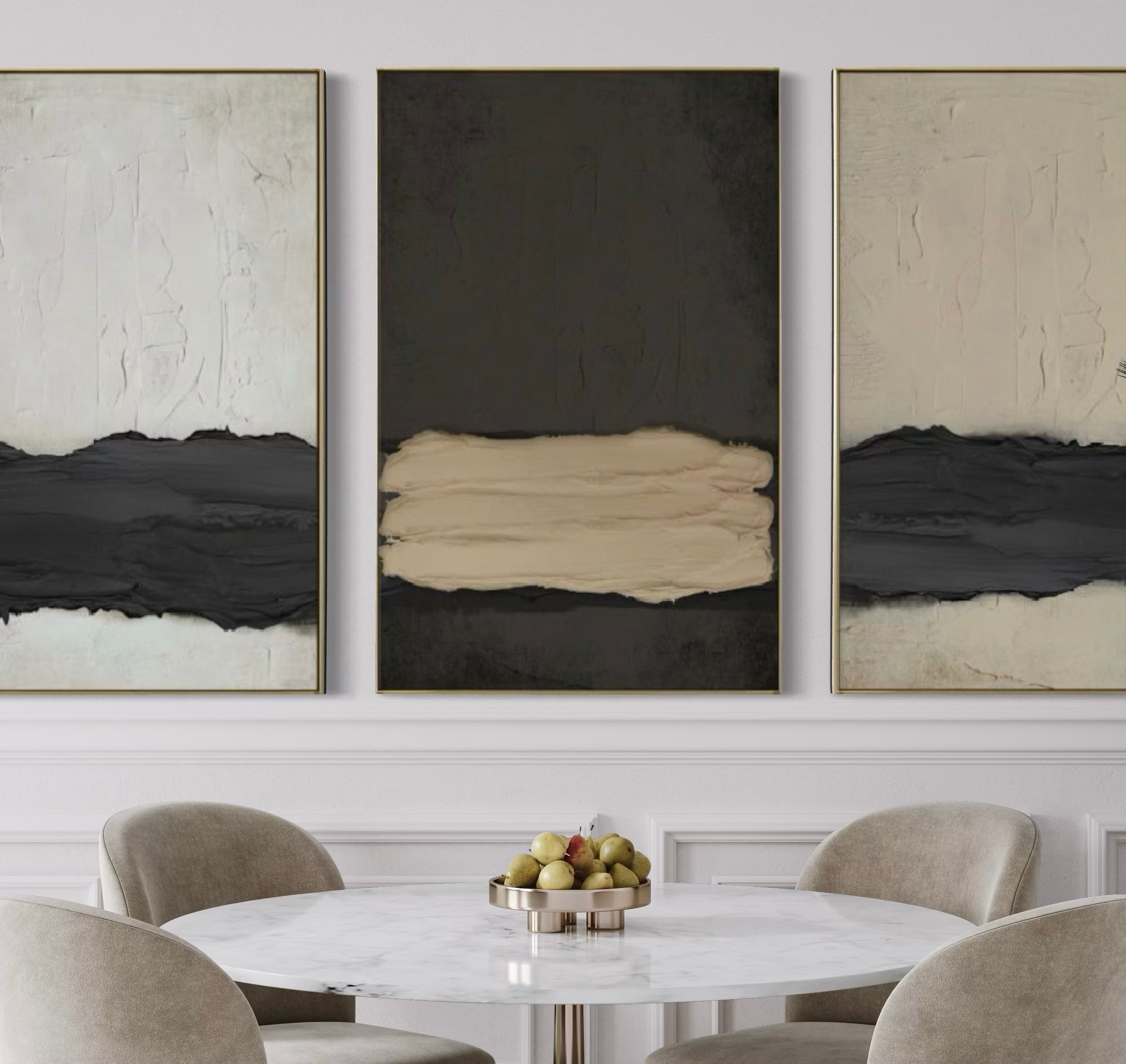 Set Cuadros Decorativos Abstracto Negro Arena 2 - 241 - Triptico Moderno y Elegante Arte Minimalista Estilo Nordico Tonos Neutros