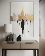 Cargar imagen en el visor de la galería, Cuadro Decorativo Abstracto Negro Arena 2-276 - Ciudad y Silueta Humana Arte Moderno y Minimalista en Negro y Dorado Oro
