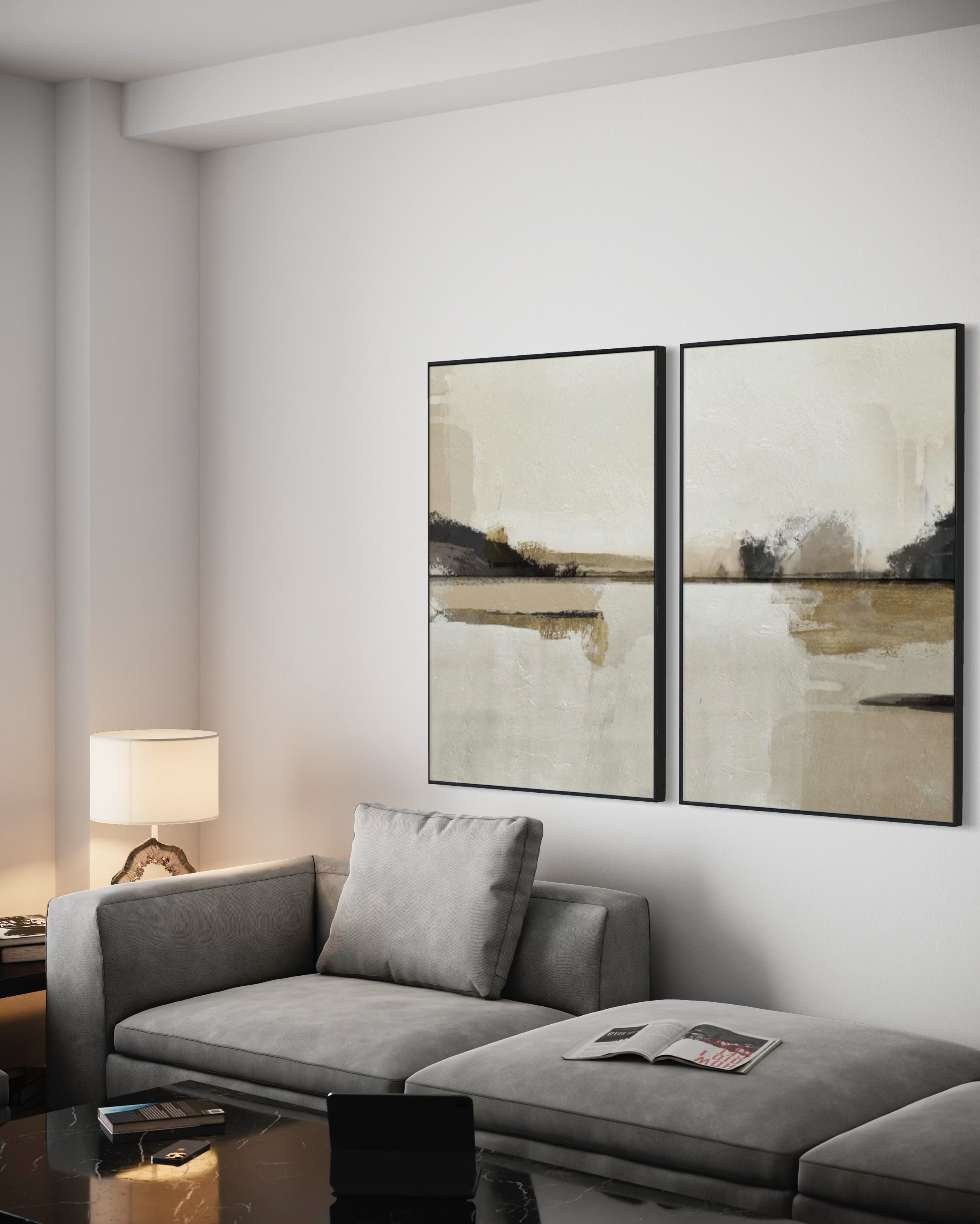 Set Cuadros Decorativos Abstracto Negro Arena 2 - 216 - Diptico Minimalista Arte Moderno y Elegante Tonos Beige y Negro