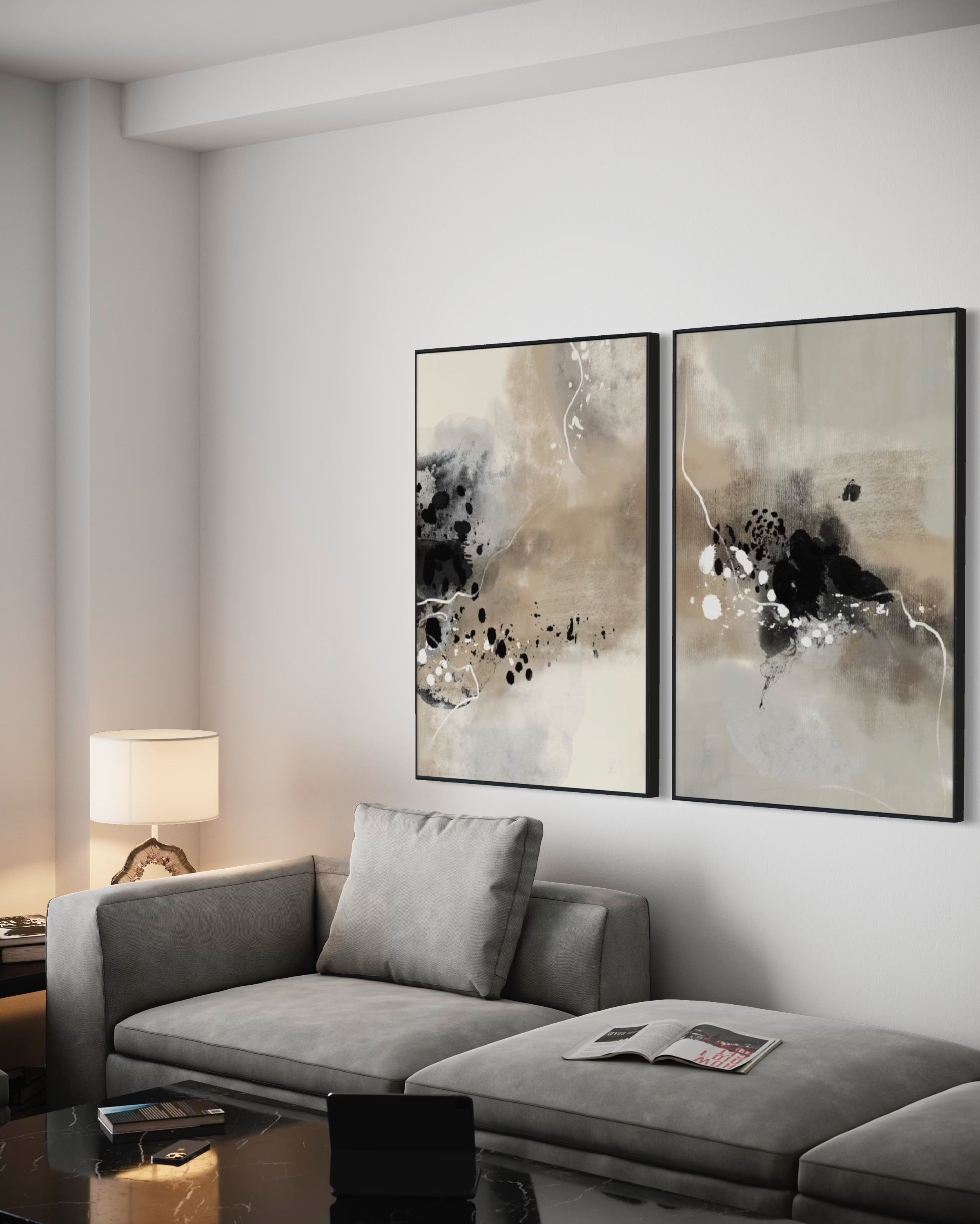 Set Cuadros Decorativos Abstracto Negro Arena 2-236 - Diptico Moderno Estilo Nordico en Tonos Nutros