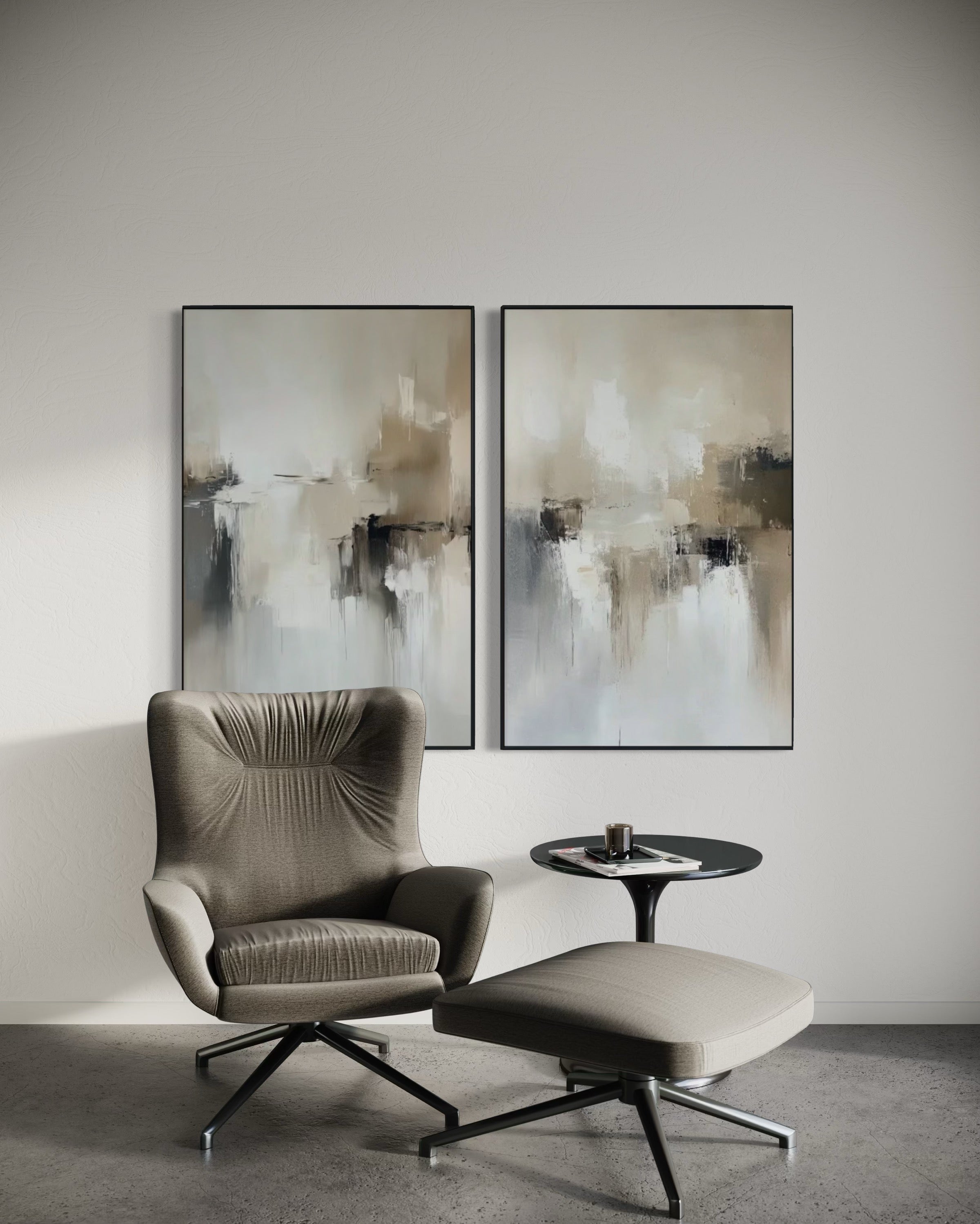 Set Cuadros Decorativos Abstracto Negro Arena 2 - 201 - Diptico Minimalista Estilo Nordico en Tonos Neutros