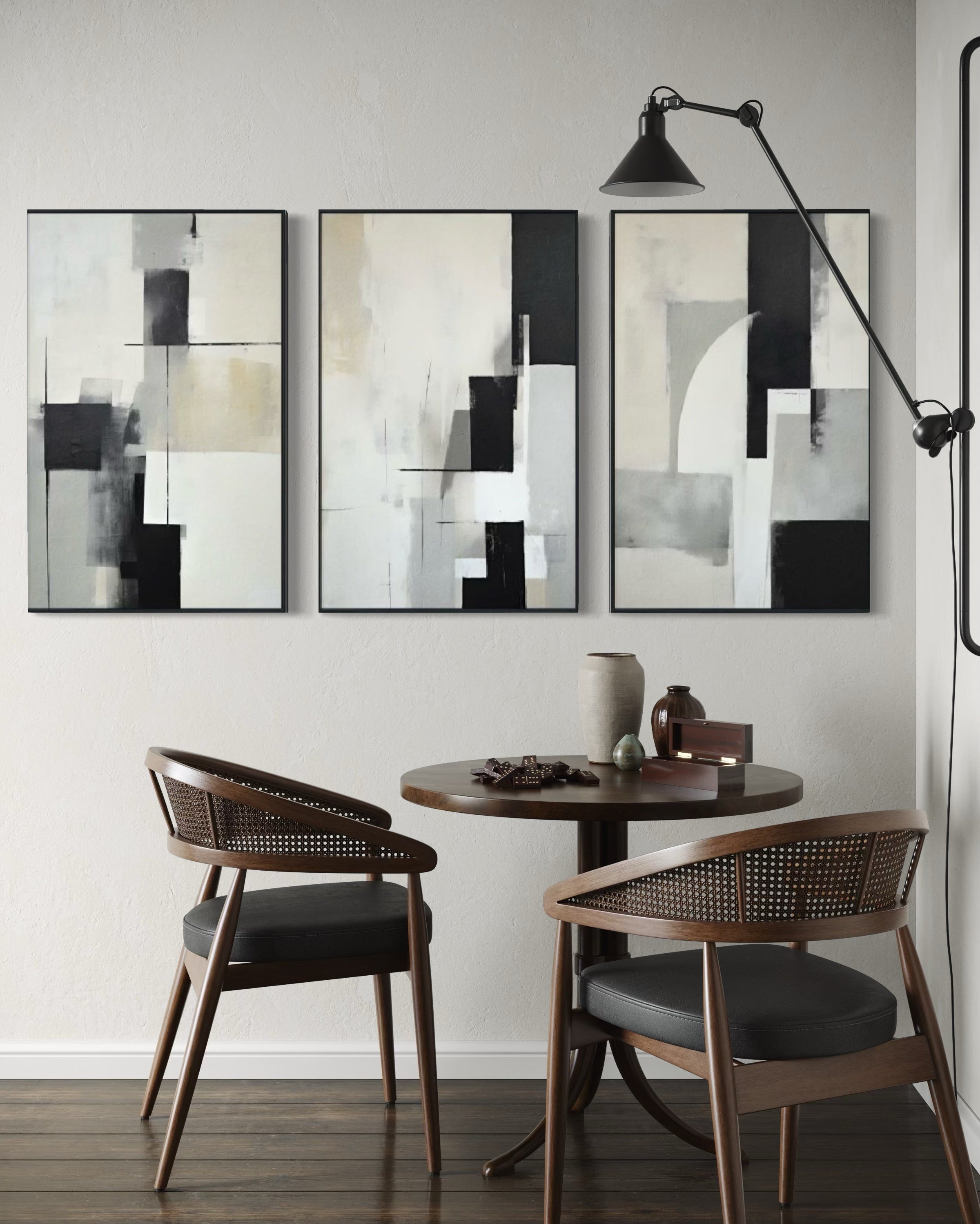 Set Cuadros Decorativos Abstracto Negro Arena 2-227 - Triptico Moderno y Elegante Arte Minimalista Estilo Nordico en Tonos Neutros