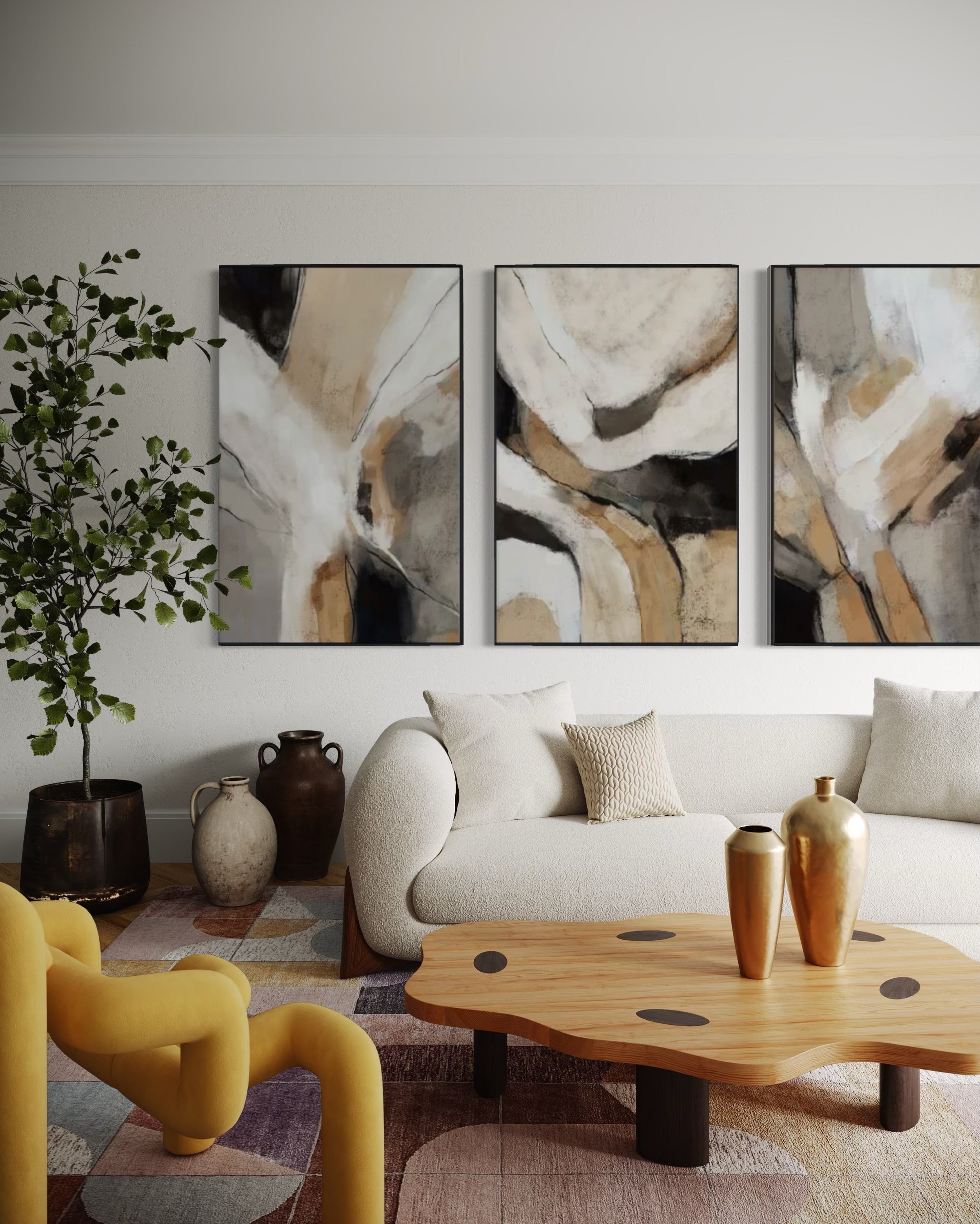 Set Cuadros Decorativos Abstracto Negro Arena 2 - 206 - Triptico Minimalista Arte Moderno y Elegante Estilo Nordico en Tonos Neutros