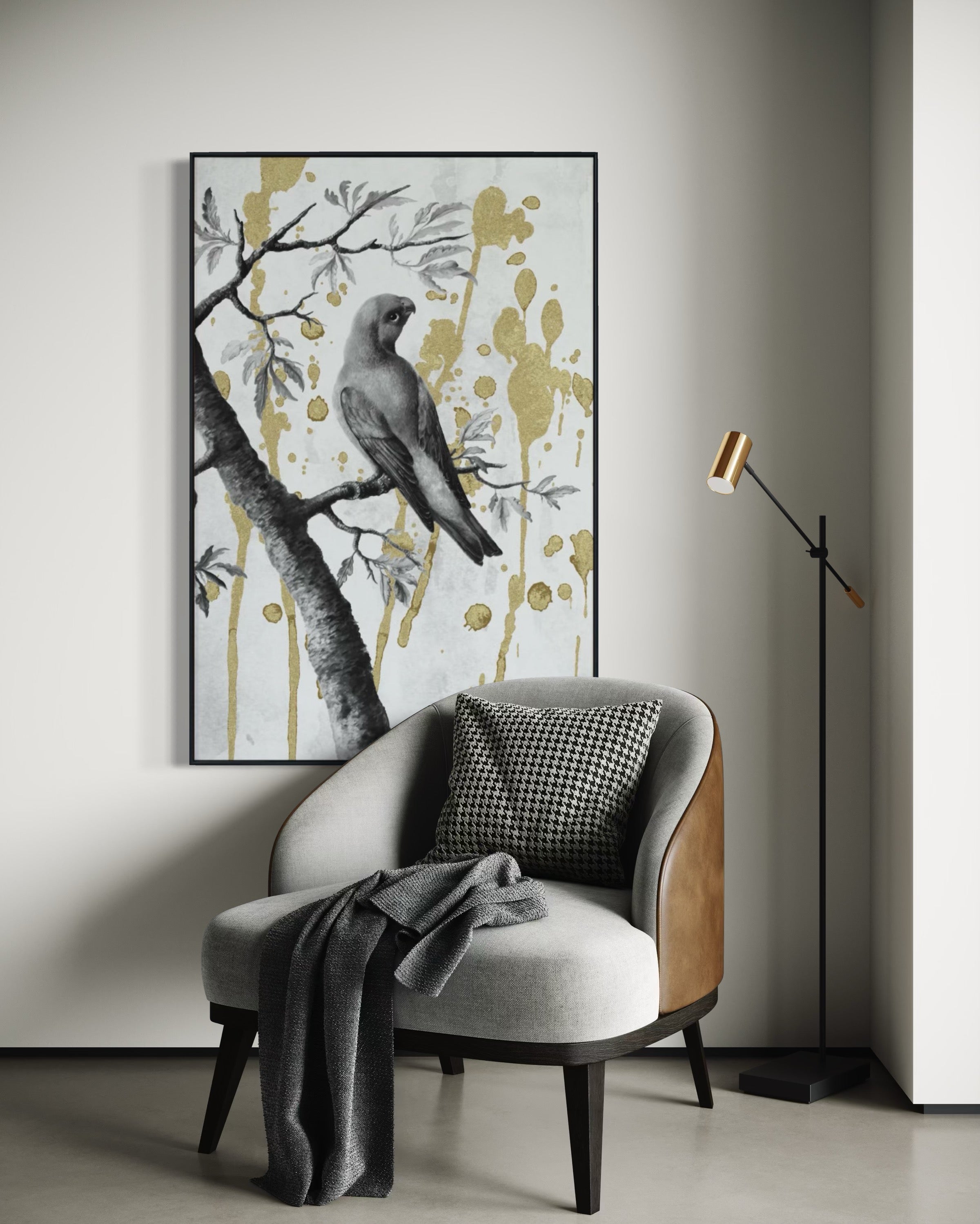 Cuadro Decorativo Abstracto Negro Arena 2-266 - Perico, Loro, Aves En Blanco y Negro Arte Elegante con Dorado Oro