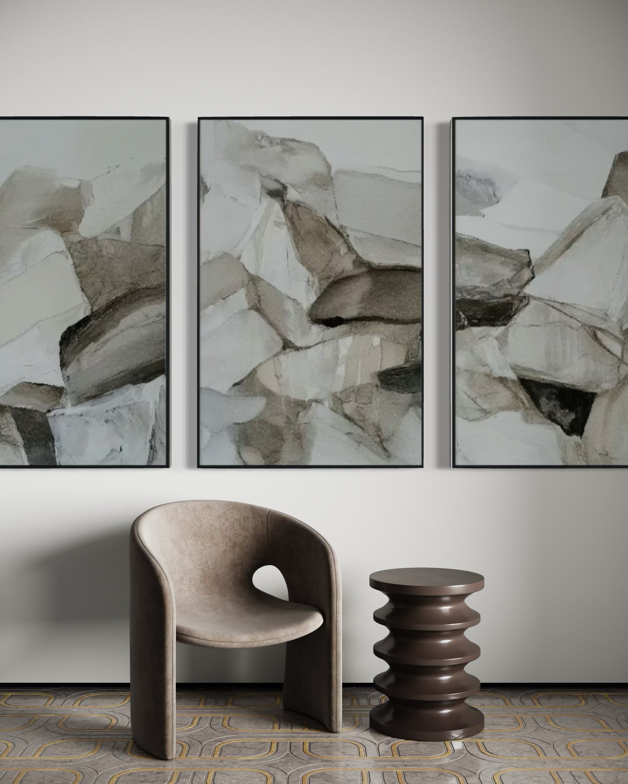 Set Cuadros Decorativos Abstracto Negro Arena 2 - 202 - Triptico Minimalista Estilo Boho Arte Nordico en Tonos Neutros