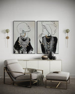Cargar imagen en el visor de la galería, Set Cuadros Decorativos Abstracto Negro Arena 2 - 213 - Diptico Moderno Estilo Boho Mujeres Afro Arte Lineal En tonos Neutros y un toque de Dorado  Oro
