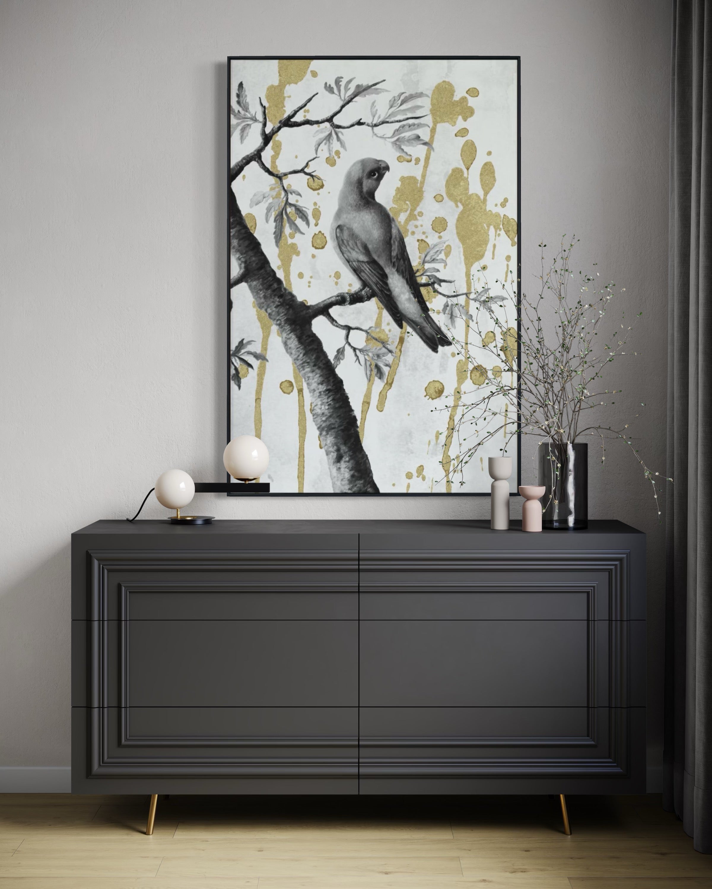 Cuadro Decorativo Abstracto Negro Arena 2-266 - Perico, Loro, Aves En Blanco y Negro Arte Elegante con Dorado Oro