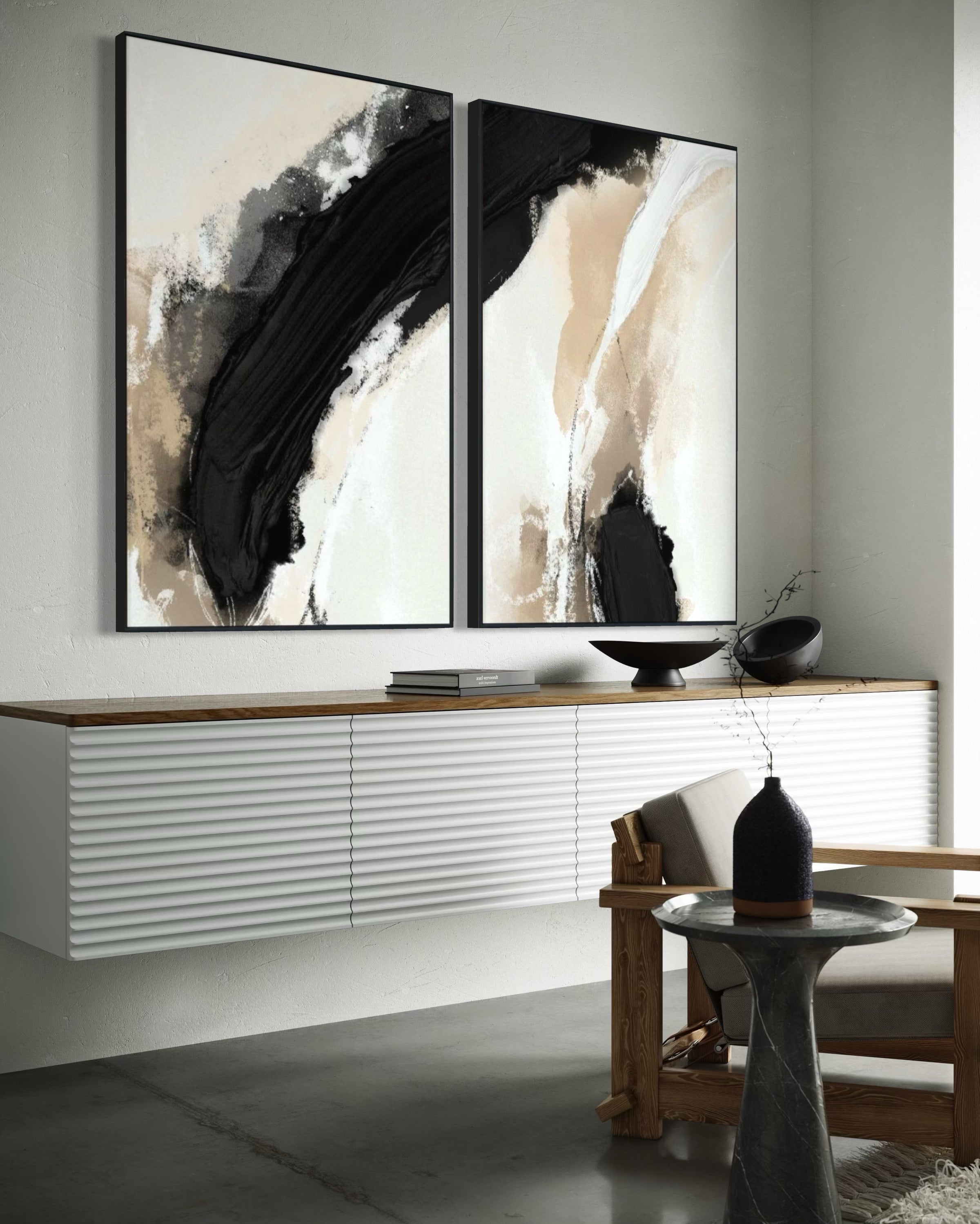 Set Cuadros Decorativos Abstracto Negro Arena 2 - 212 - Diptico Moderno y Minimalista en Tonos Negro y Beige Colores Neutros Estilo Nordico