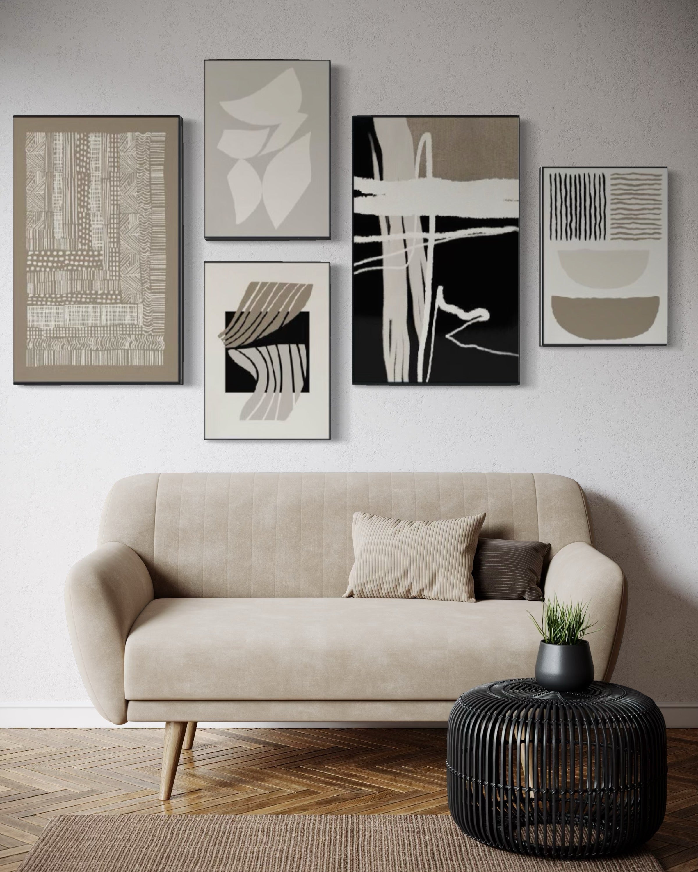 Set Cuadros Decorativos Abstracto Negro Arena 2 - 218A - 5piezas Minimalistas Arte Moderno Estilo Nordico en Tonos Neutros