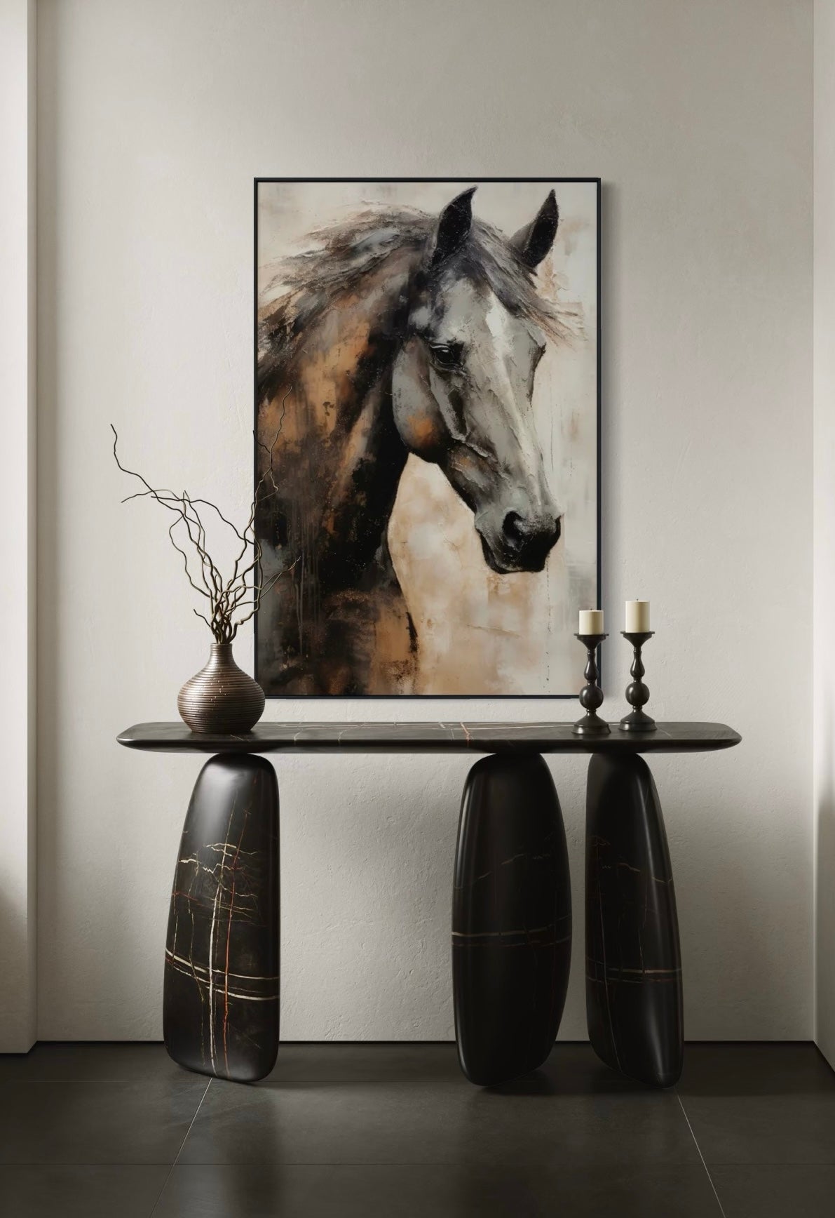 Cuadro Decorativo Abstracto Negro Arena 2 - 207 Caballo Estilo Nordico Arte Moderno en Tonos Neutros, Beige, Terracota, Negro y Gris