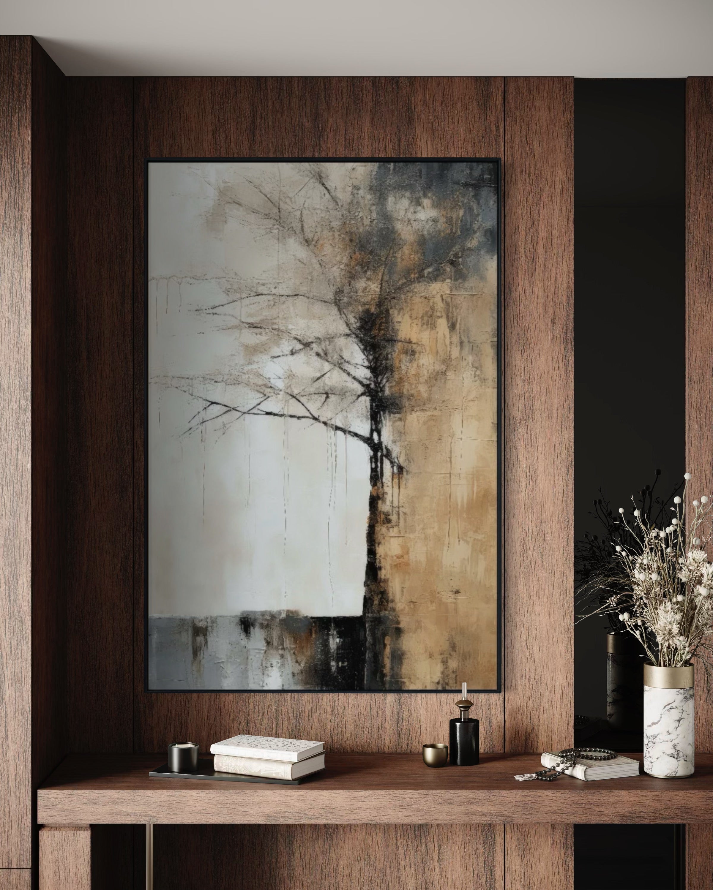 Cuadro Decorativo Abstracto Negro Arena 2-215 Árbol Minimalista y Elegante en Dorado y Tonos Neutros Oro