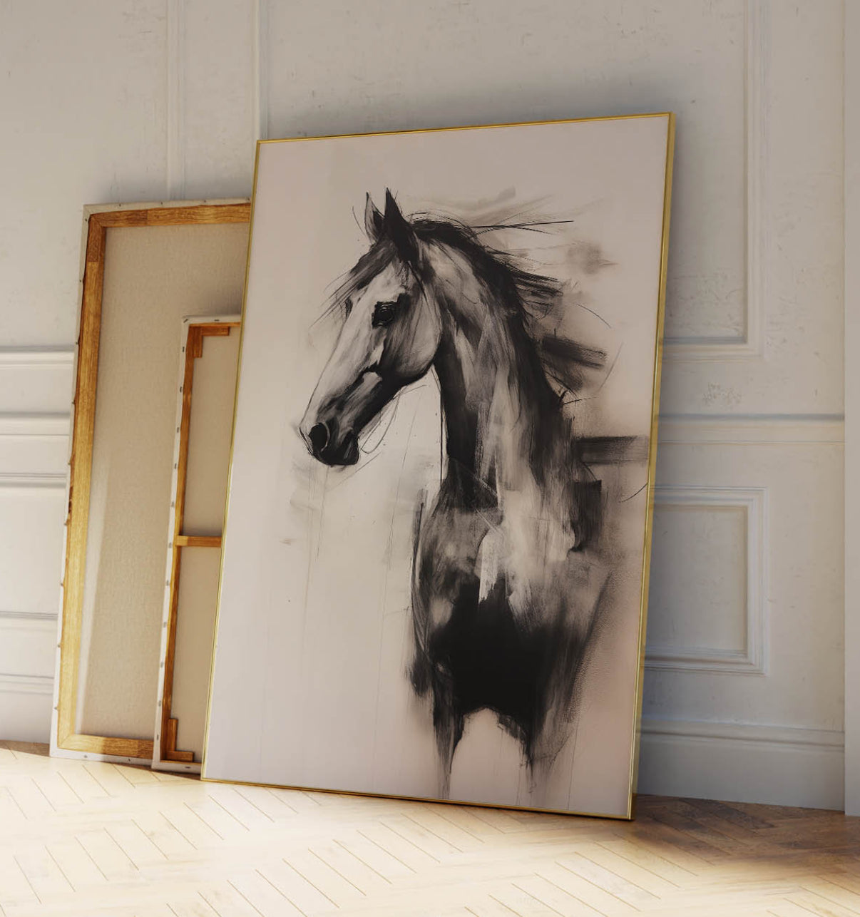 Cuadro Decorativo Abstracto Negro Arena 2- 258 -Boceto de Caballo Negro Arte Moderno en Tonos Neutros