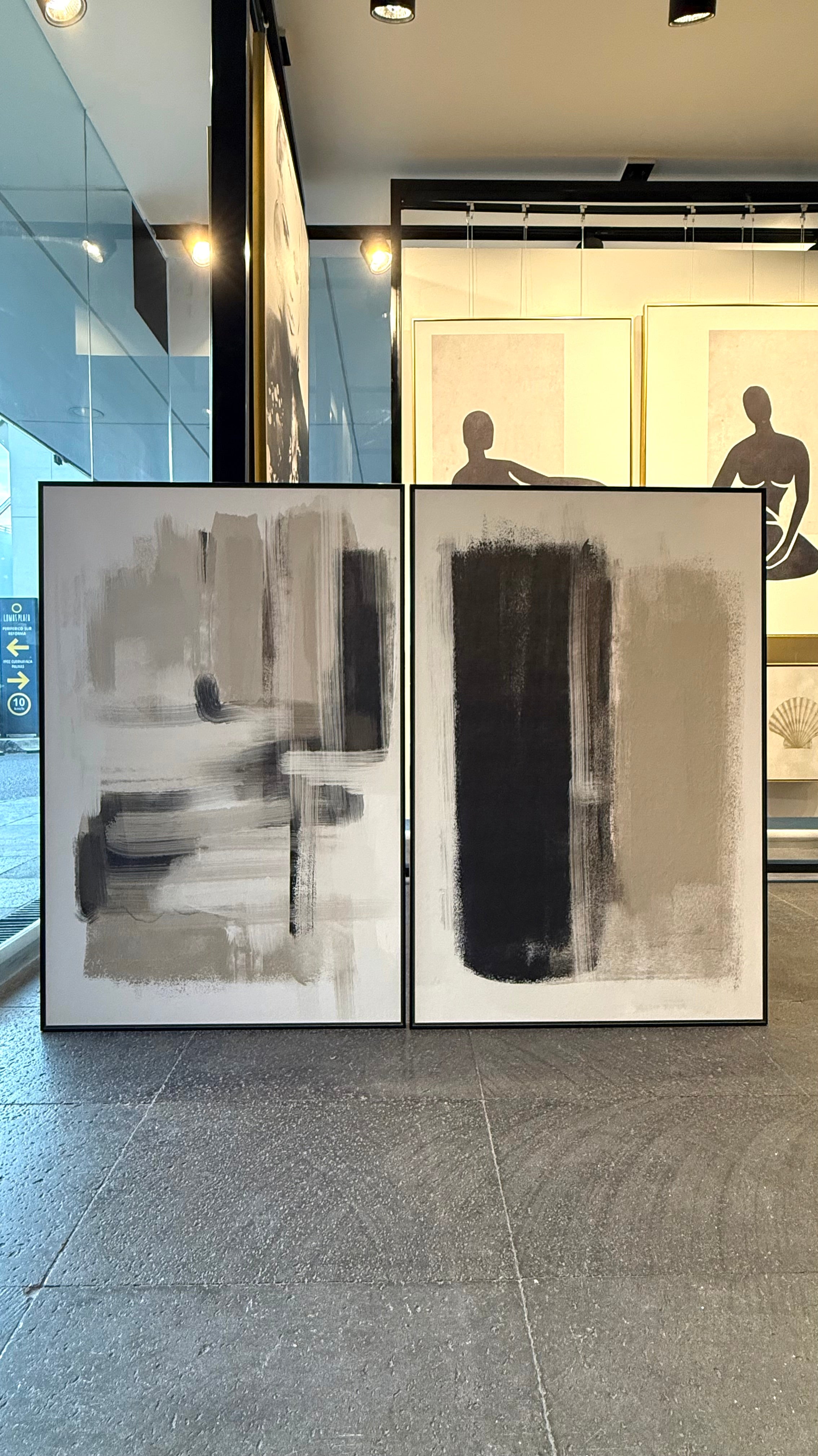 Set Cuadros Decorativos Abstracto Negro Arena 2 - 204 - Díptico Moderno y Minimalista estilo Nordico En Tonos Neutros Beige, Negro y Blanco