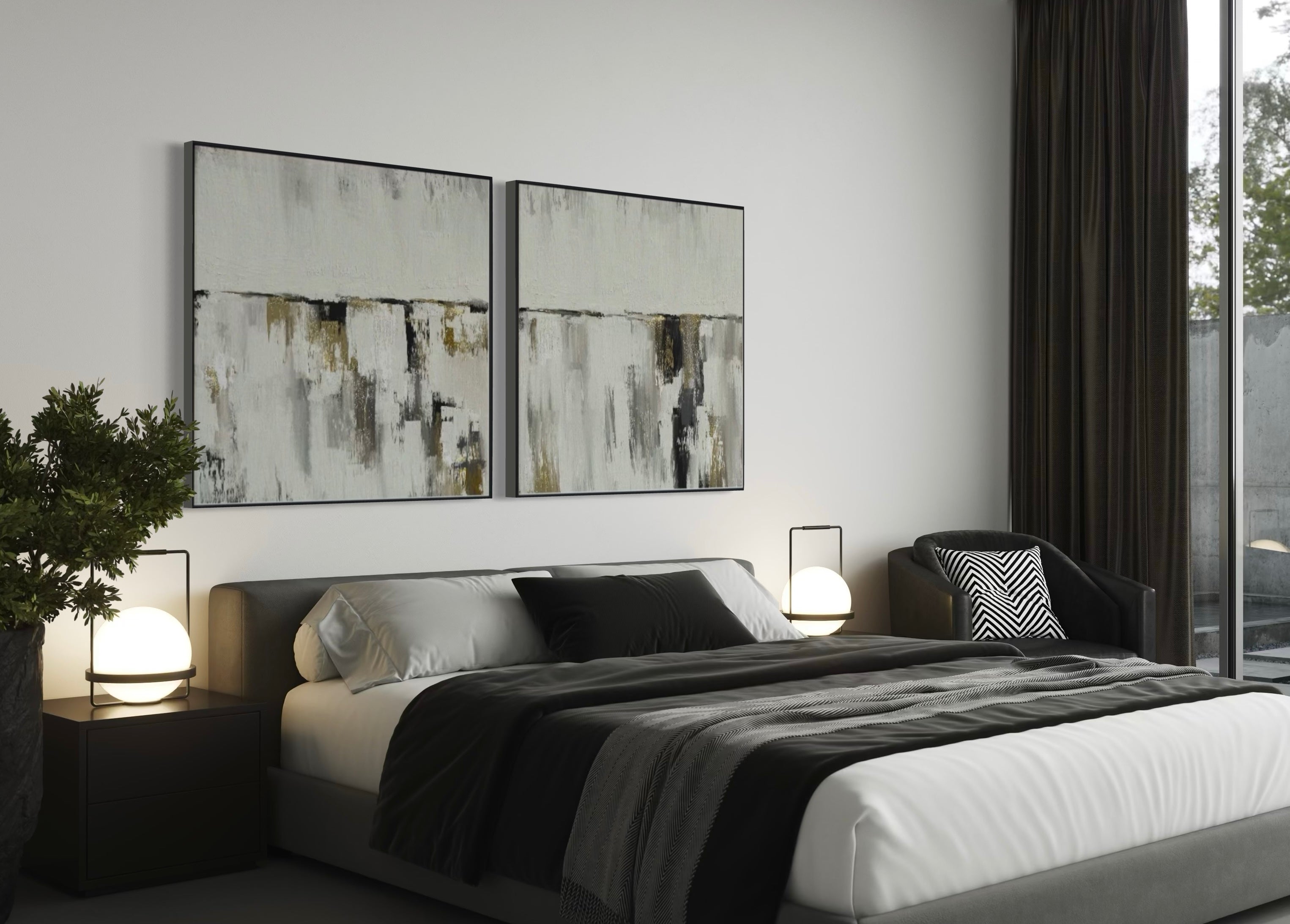 Set Cuadros Decorativos Abstracto Negro Arena 2 - 203 - Diptico Moderno y Minimalista Estilo Nordico en Tonos Neutros y un toque de Dorado Oro