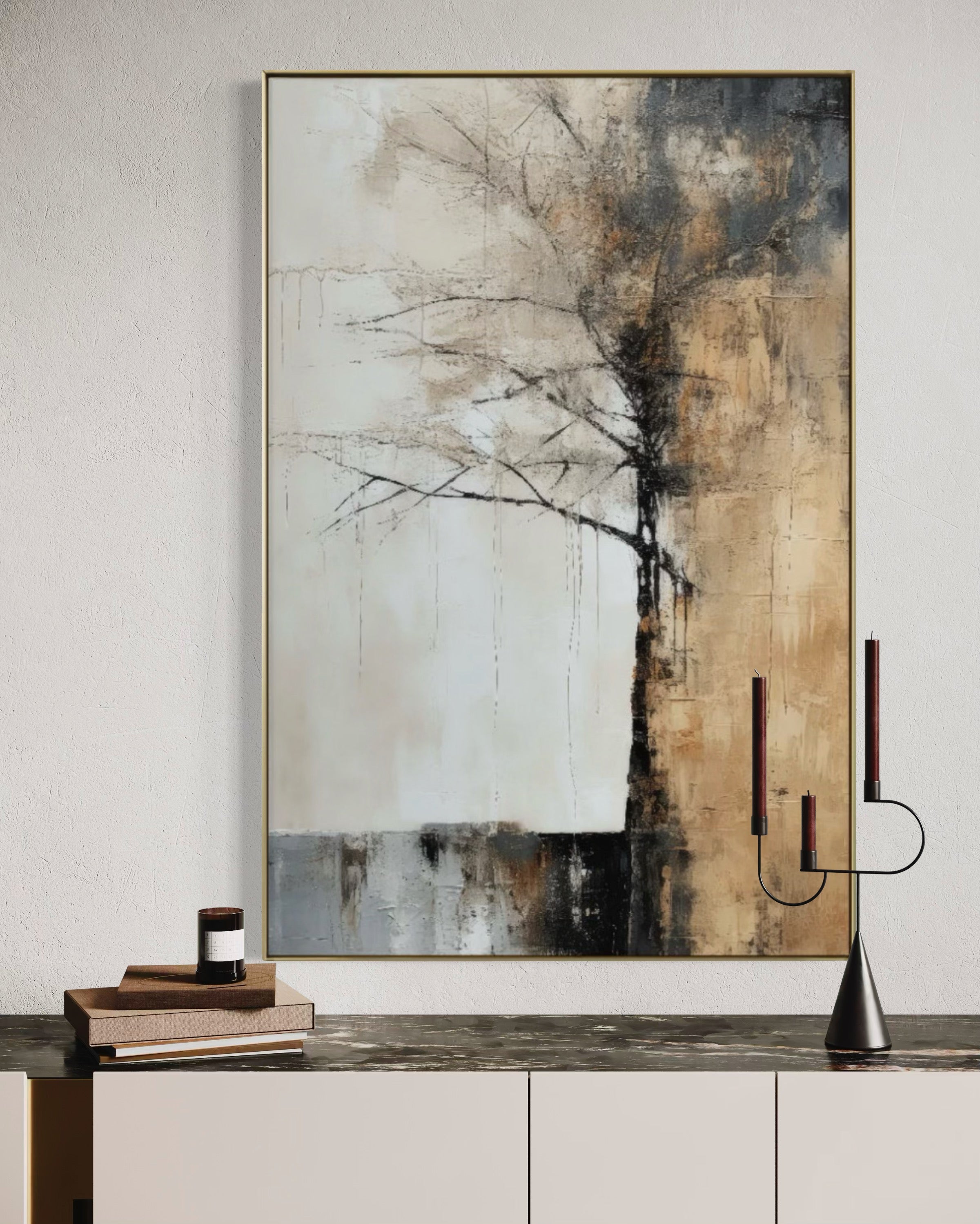 Cuadro Decorativo Abstracto Negro Arena 2-215 Árbol Minimalista y Elegante en Dorado y Tonos Neutros Oro