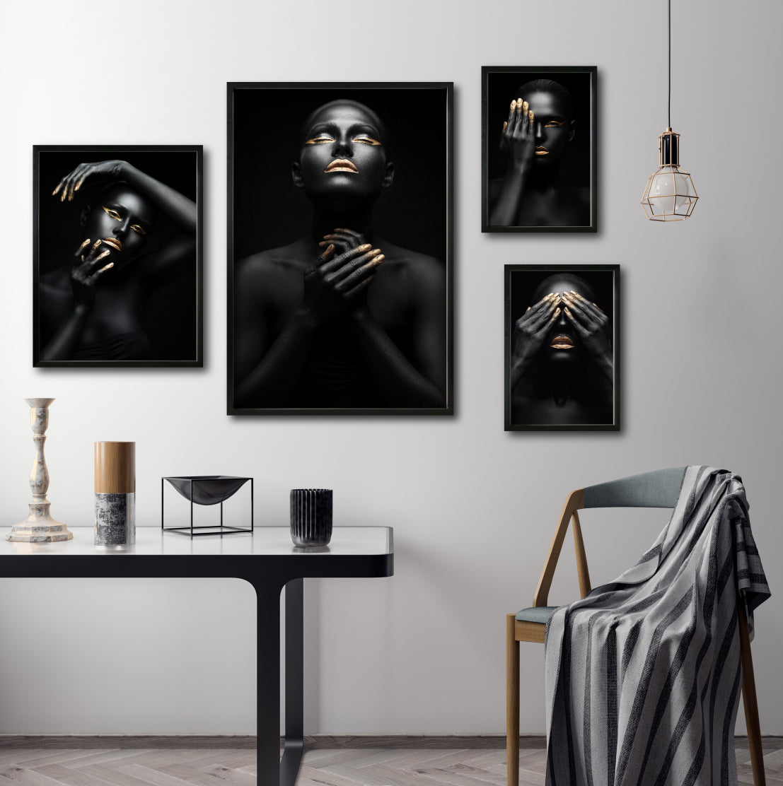 Set Cuadros Decorativos Black Woman 014 - Mujer Negra Africana con Dorado