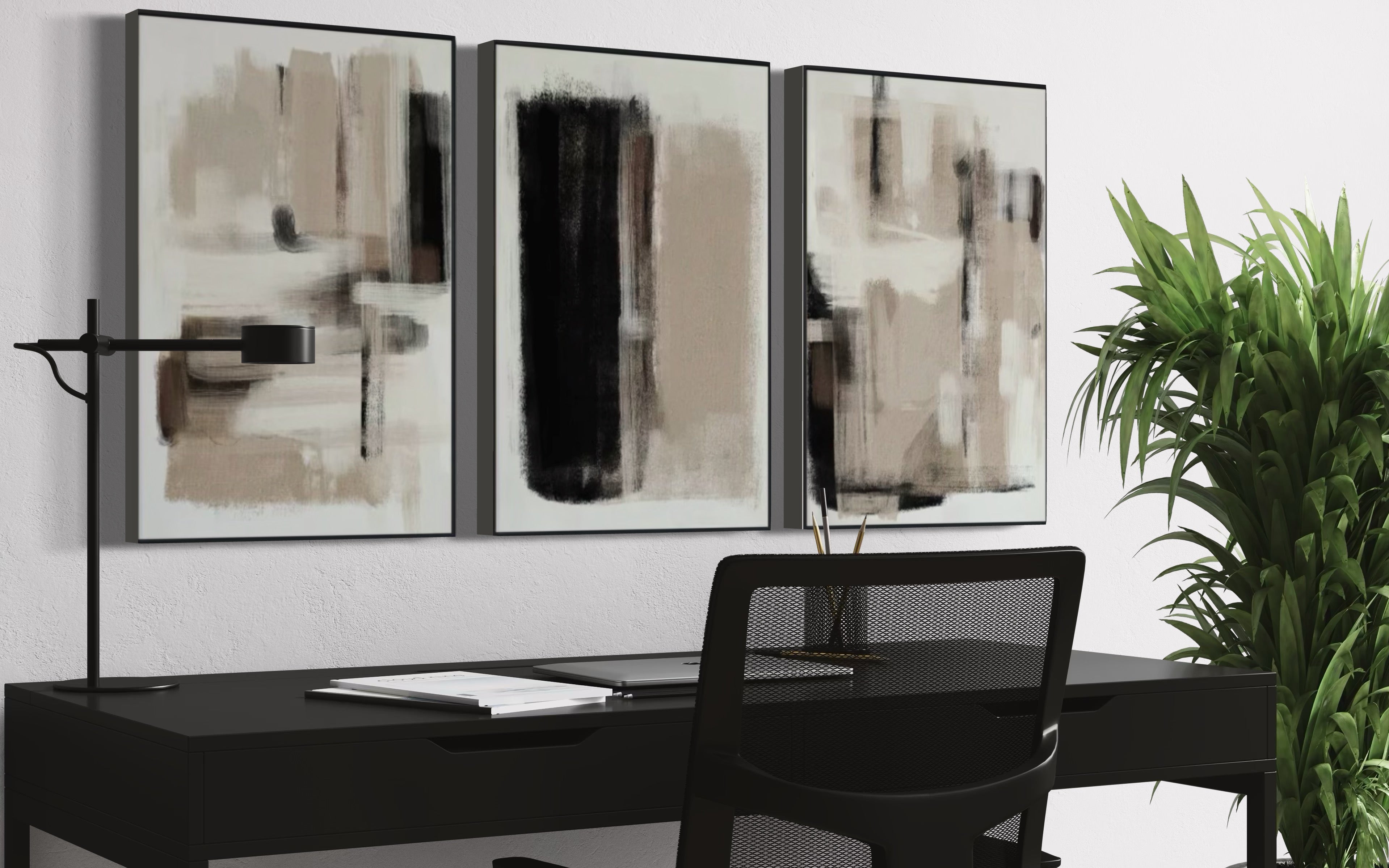 Set Cuadros Decorativos Abstracto Negro Arena 2 - 204 - Triptico Moderno Arte Minimalista estilo Nordico Boho en Tonos Neutros