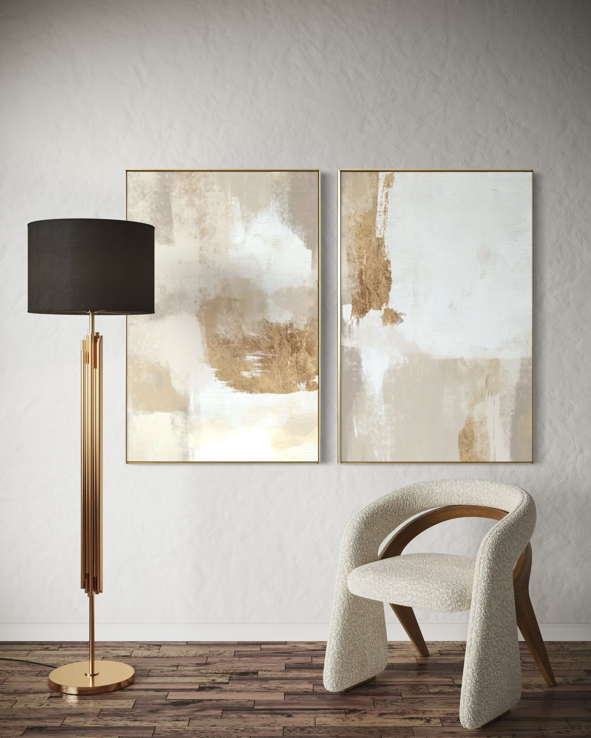 Set Cuadros Decorativos Abstracto Negro Arena 2 - 279 - Diptico Moderno y Elegante Arte Estilo Boho en Blanco, Beige y Dorado Oro