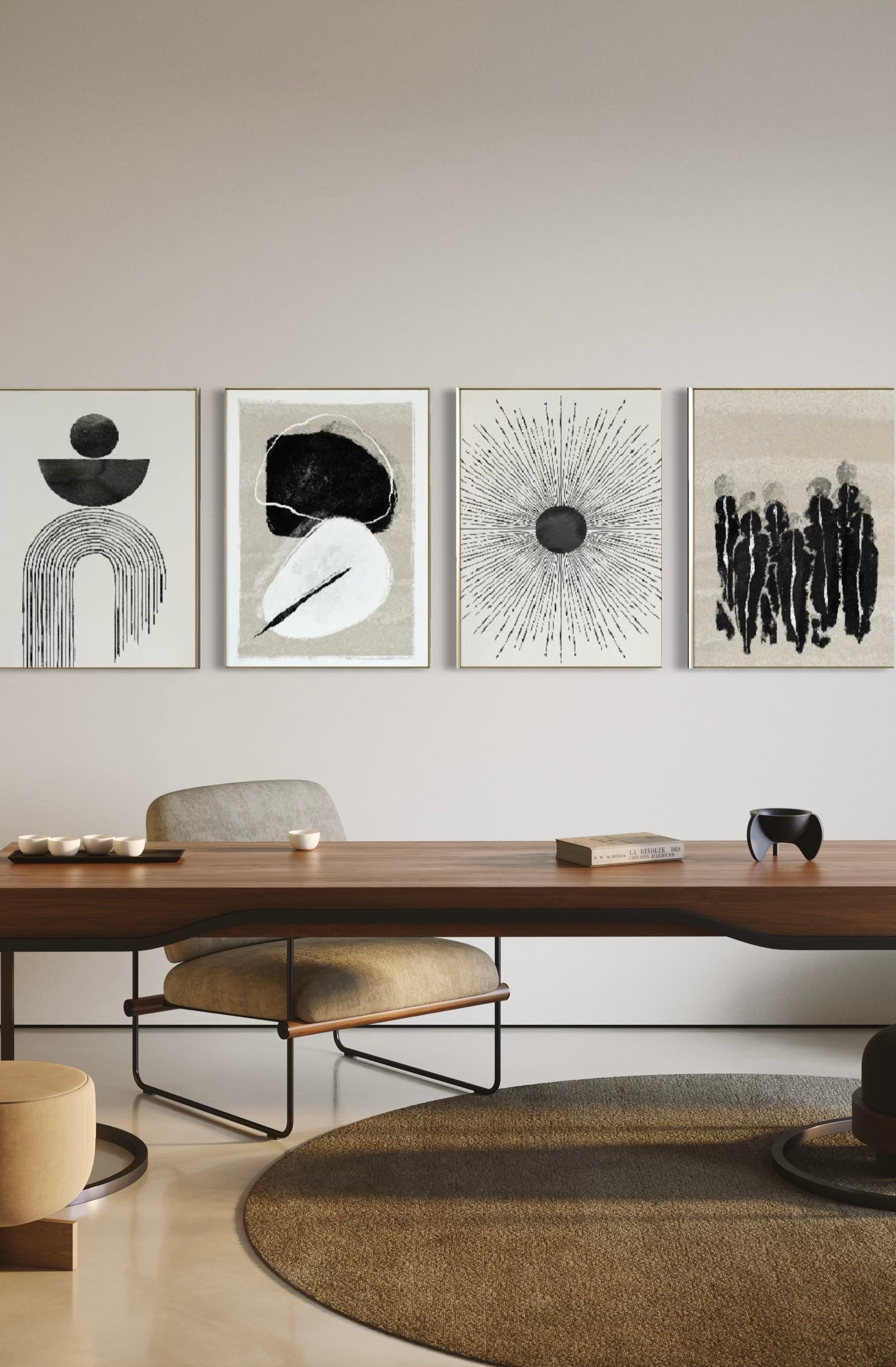 Set Cuadros Decorativos Abstracto Negro Arena 2 - 226C - 4piezas Arte Moderno y Elegante Estilo Nordico Boho en Tonos Neutros