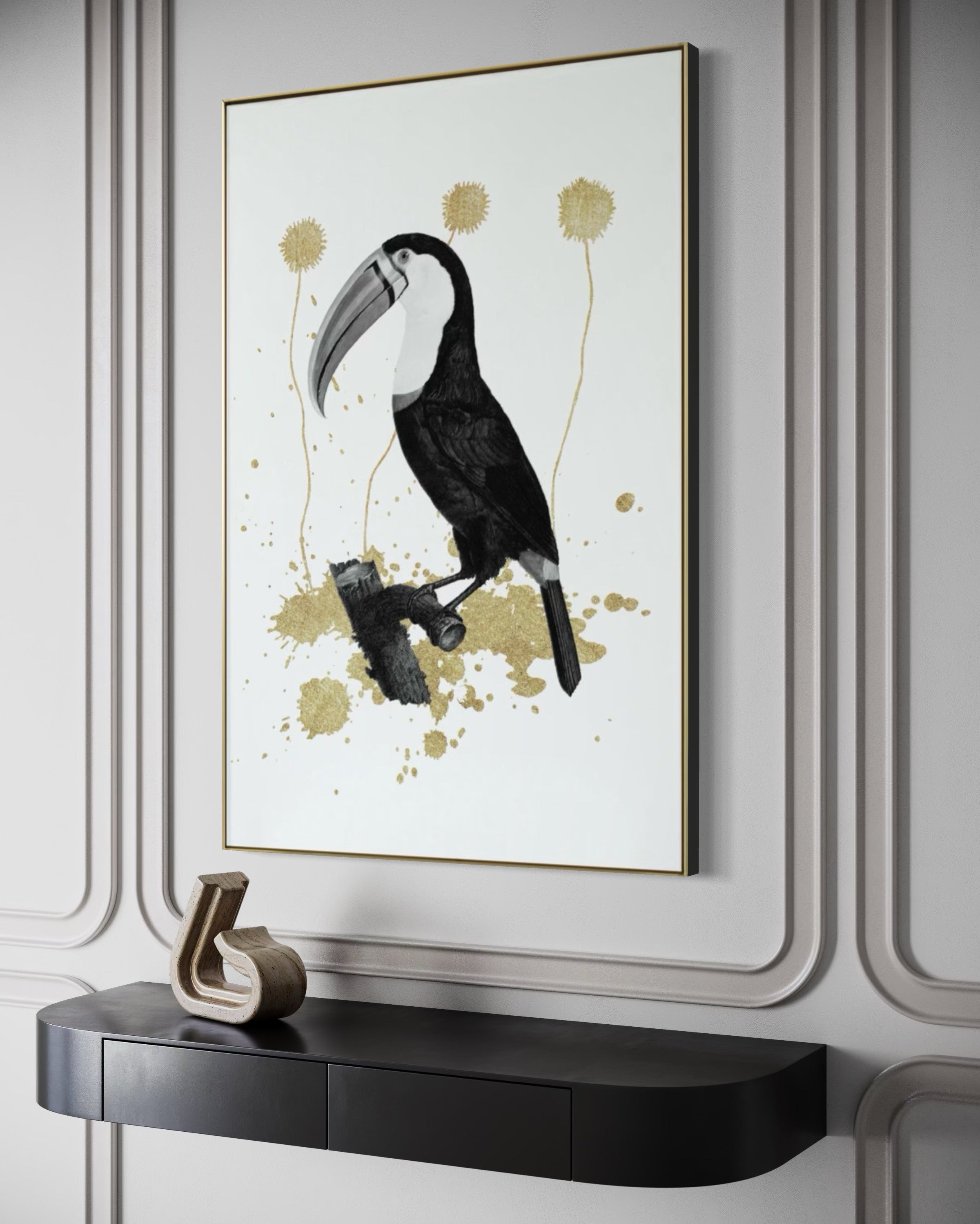 Cuadro Decorativo Abstracto Negro Arena 2-268 - Boceto de Tucan, Aves en Blanco, Negro y Dorado Oro Arte Moderno Estilo Boho