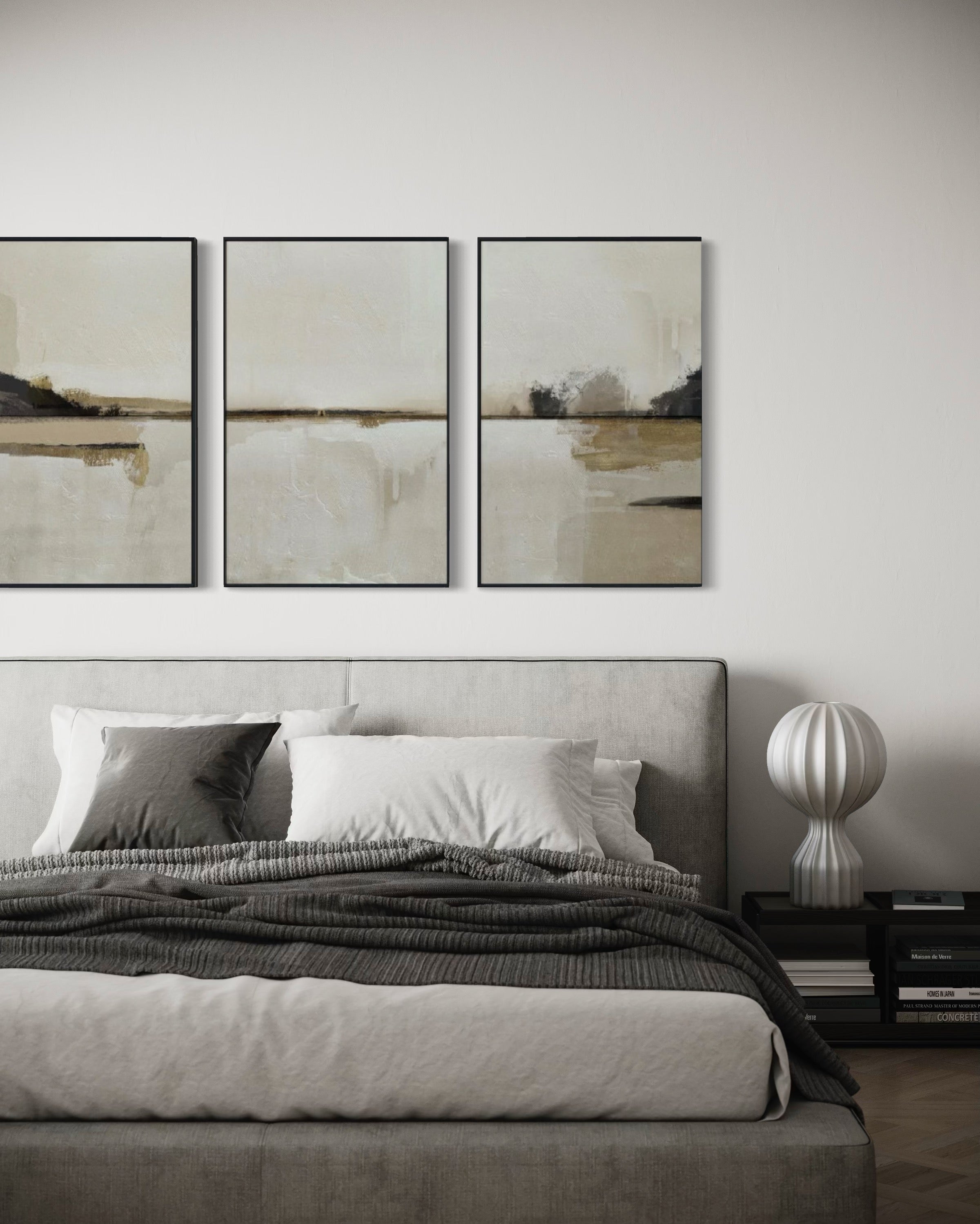 Set Cuadros Decorativos Abstracto Negro Arena 2 - 216 - Triptico Moderno y Elegante Arte Minimalista Estilo Nordico Tonos Neutros