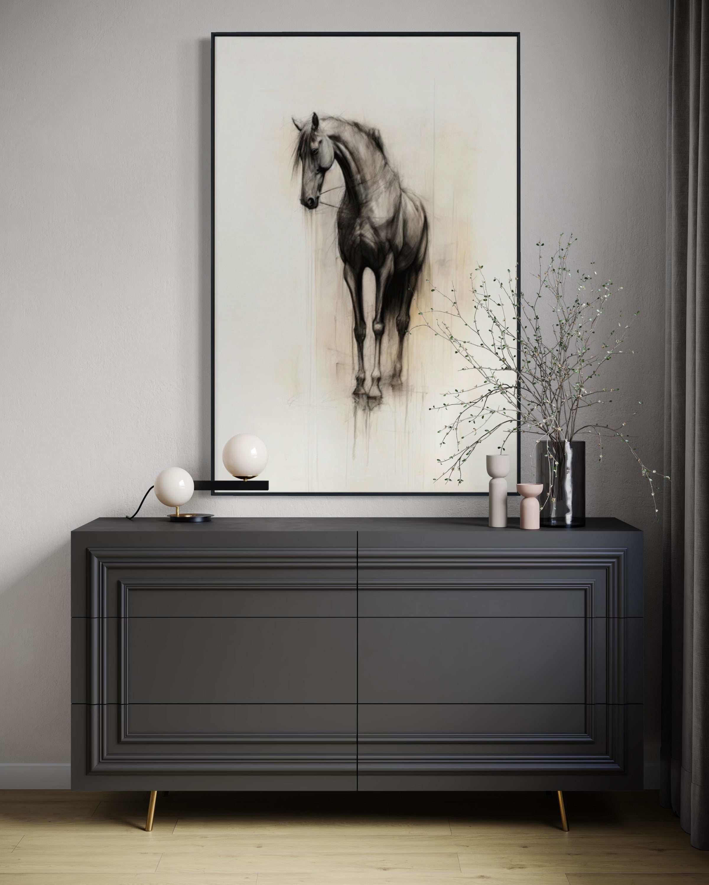 Cuadro Decorativo Abstracto Negro Arena 2 - 260 - Boceto de Caballo Negro Ate Moderno y Minimalista Estilo Nordico Tonos Neutros