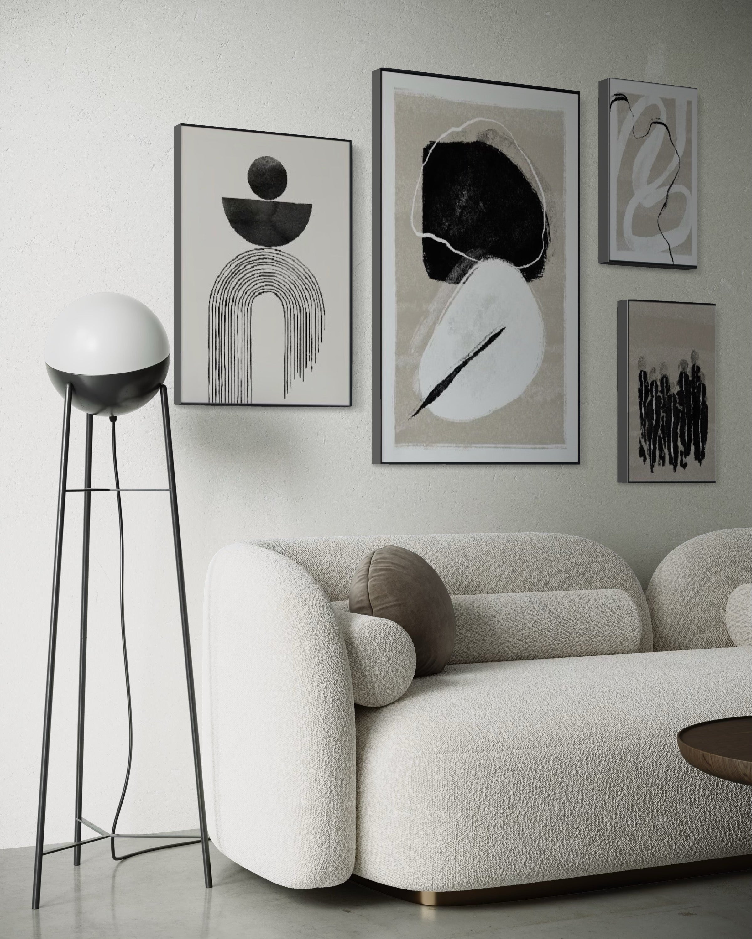 Set Cuadros Decorativos Abstracto Negro Arena 2 - 226B - 4piezas Arte Moderno y Elegante Estilo Nordico Boho en Tonos Neutros