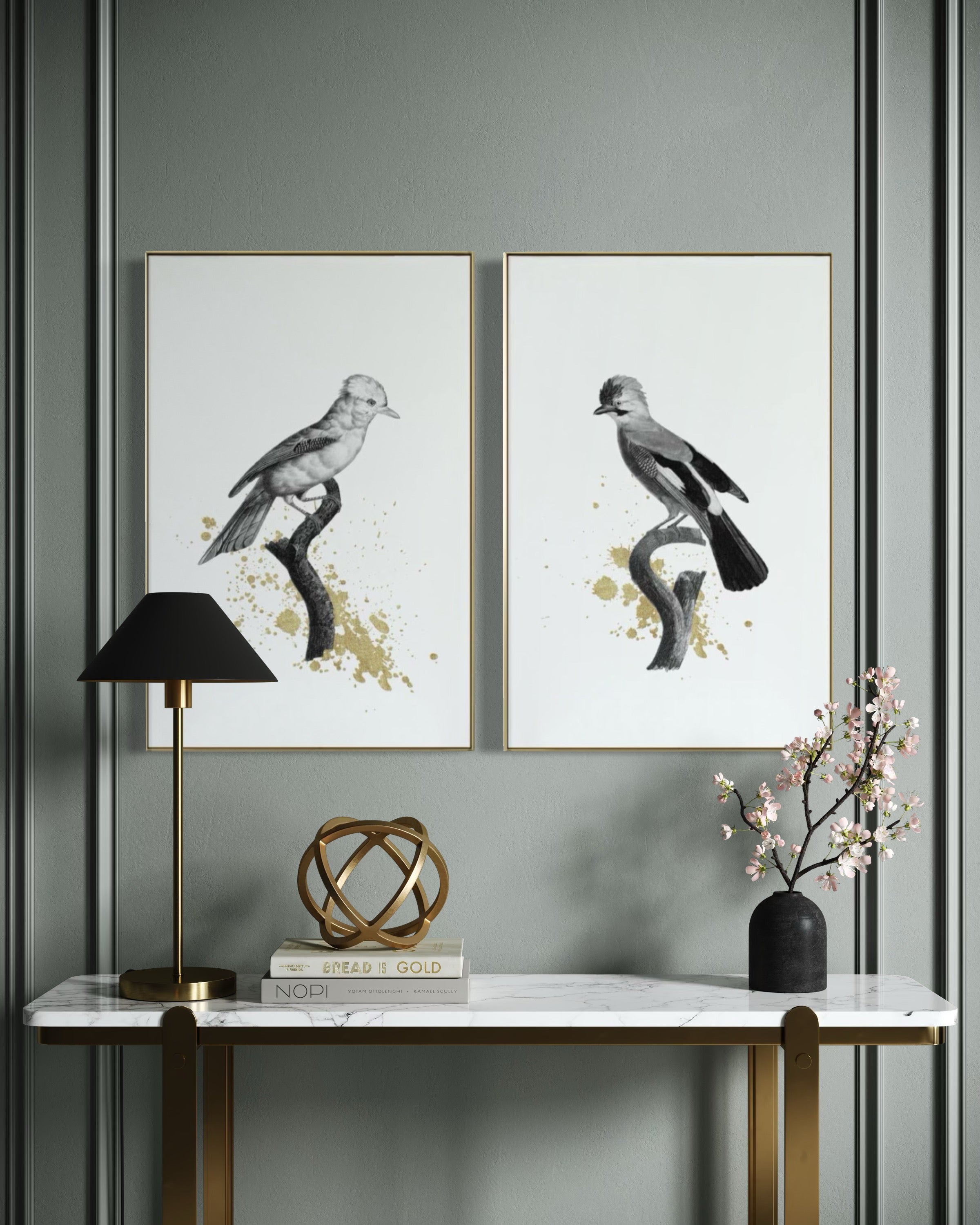 Set Cuadros Decorativos Abstracto Negro Arena 2 - 264 - Diptico Boceto de Pájaros Arte de Aves En Blanco, Negro y Dorado Oro