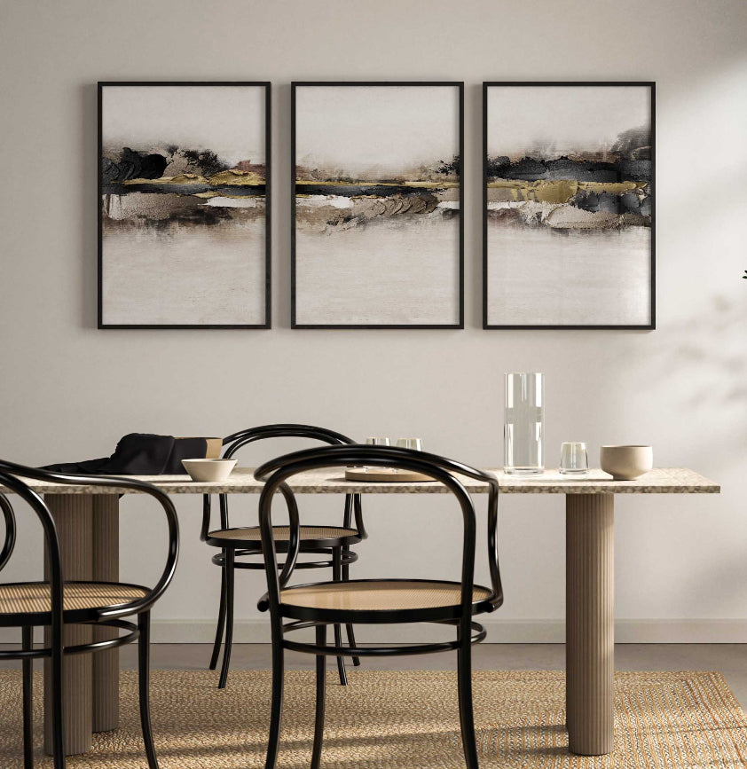 Set Cuadros Decorativos Abstracto Negro Arena 2-259 - Tríptico Moderno y Elegante Arte Minimalista En Negro, Beige y Dorado Oro