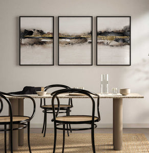 Set Cuadros Decorativos Abstracto Negro Arena 2-259 - Tríptico Moderno y Elegante Arte Minimalista En Negro, Beige y Dorado Oro