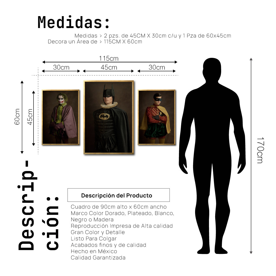 Set Cuadros Decorativos Personajes Época 016 Superhéroes Batman, Robin y Joker-Triptico