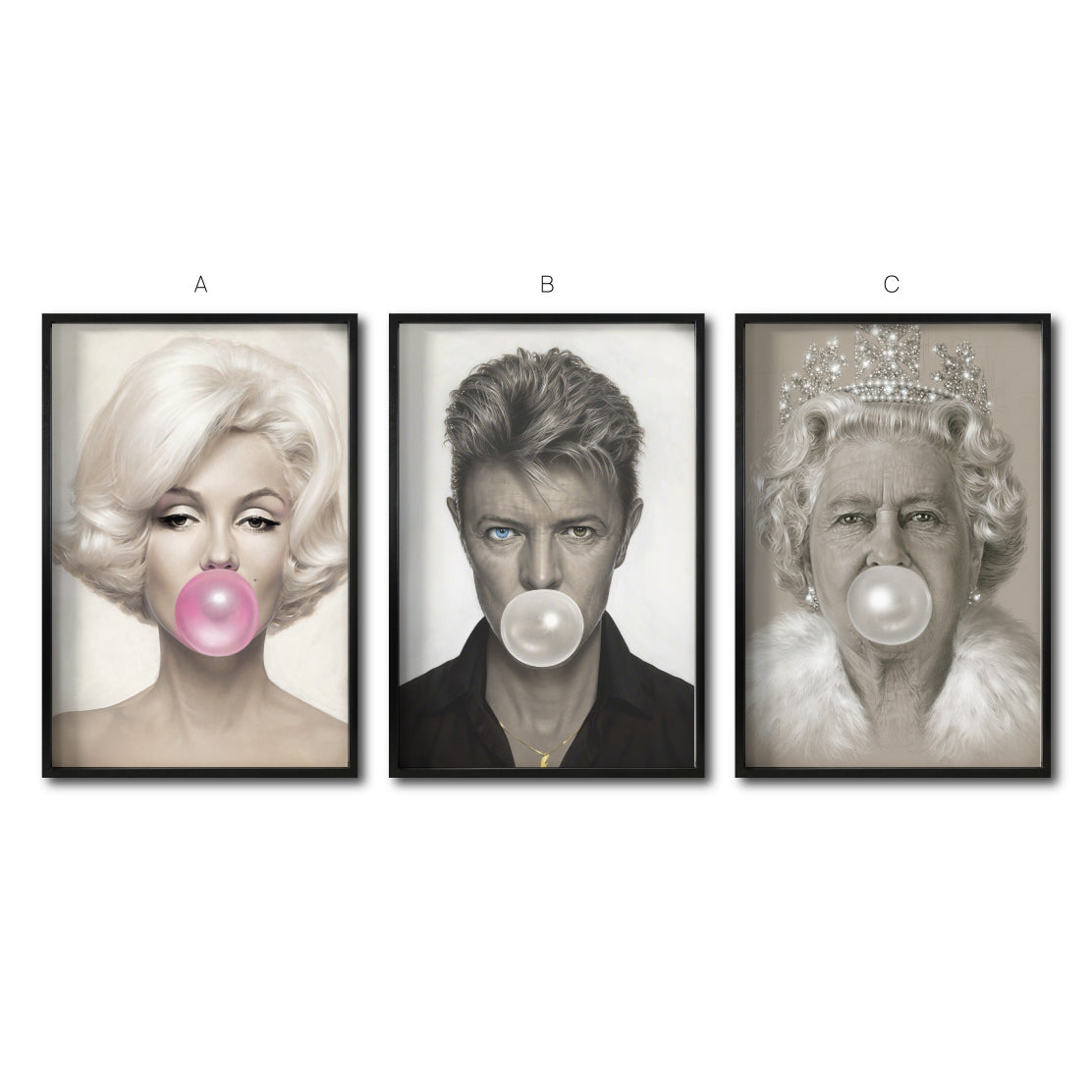 Set Cuadros Decorativos Bubble Gum 017 Marilyn Monroe, David Bowie, Reina Isabel