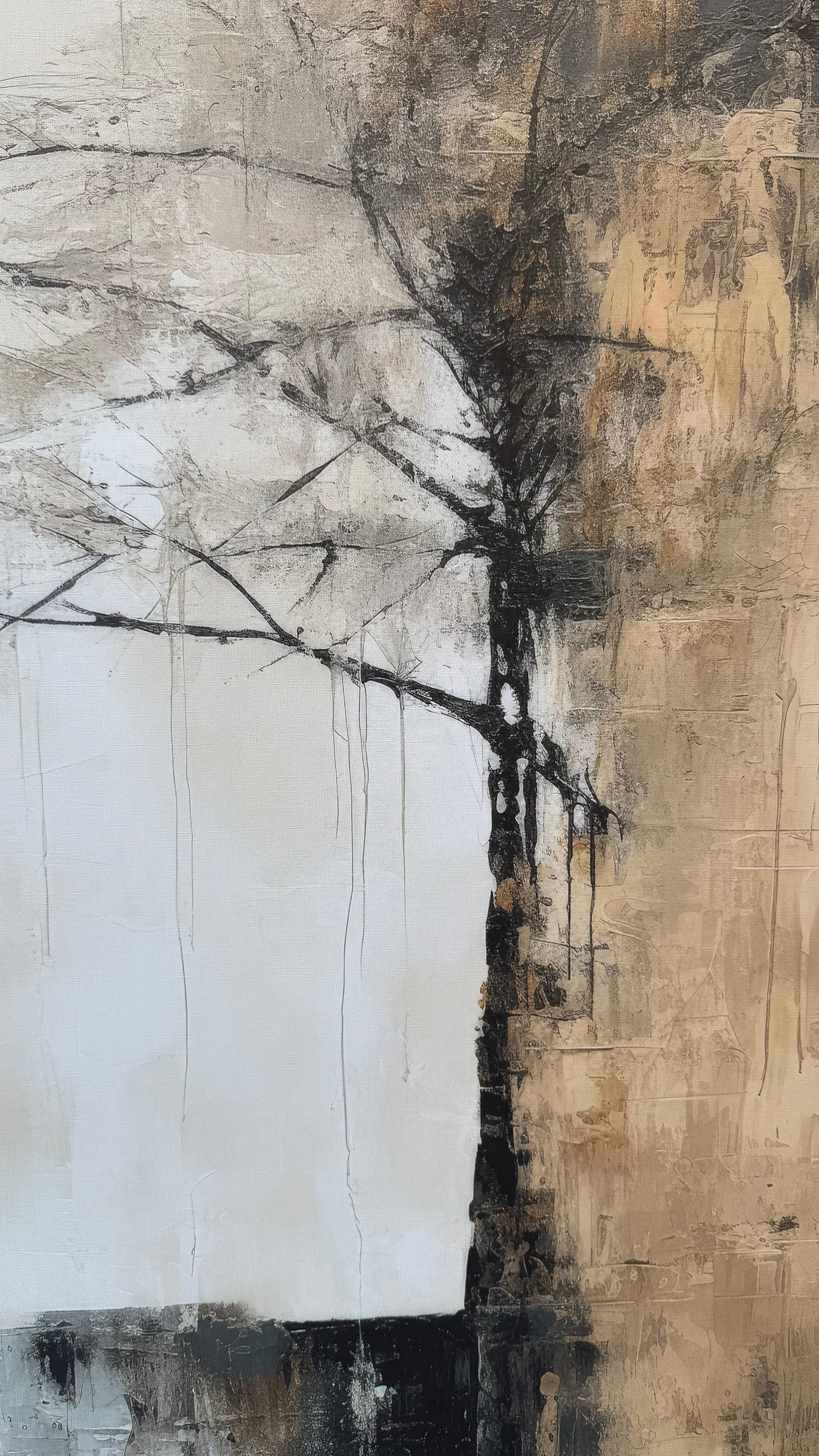 Cuadro Decorativo Abstracto Negro Arena 2-215 Árbol Minimalista y Elegante en Dorado y Tonos Neutros Oro