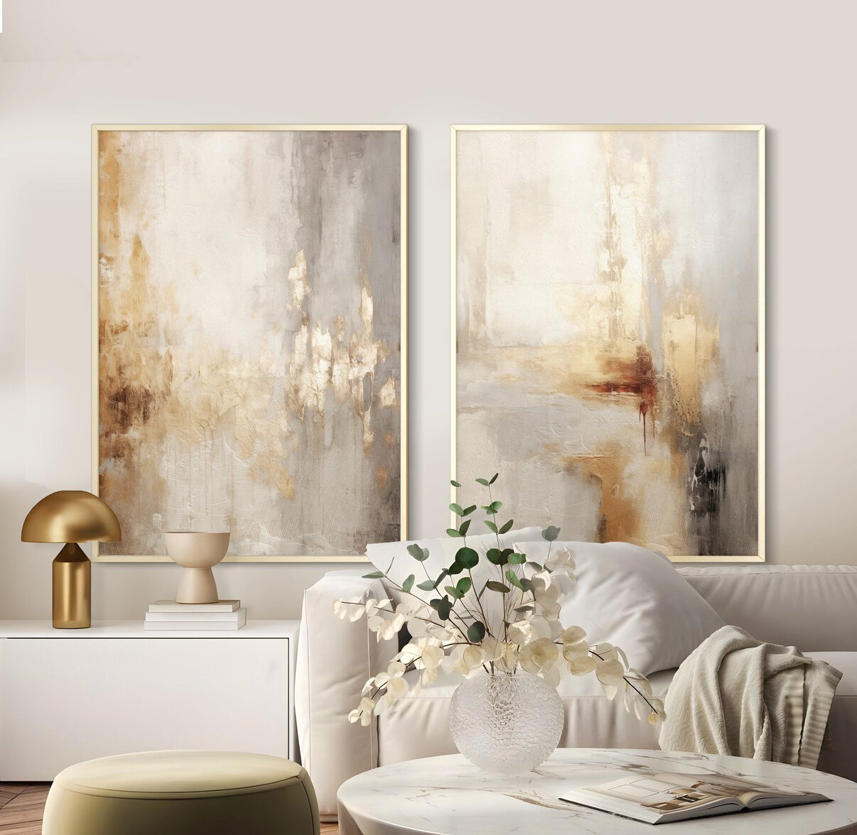 Set Cuadros Decorativos Abstracto Negro Arena 2 - 280 - Diptico Moderno y Elegante Arte Estilo Boho en Beige y Dorado Oro