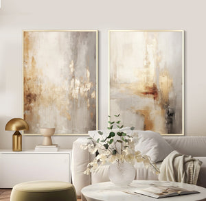 Set Cuadros Decorativos Abstracto Negro Arena 2 - 280 - Diptico Moderno y Elegante Arte Estilo Boho en Beige y Dorado Oro