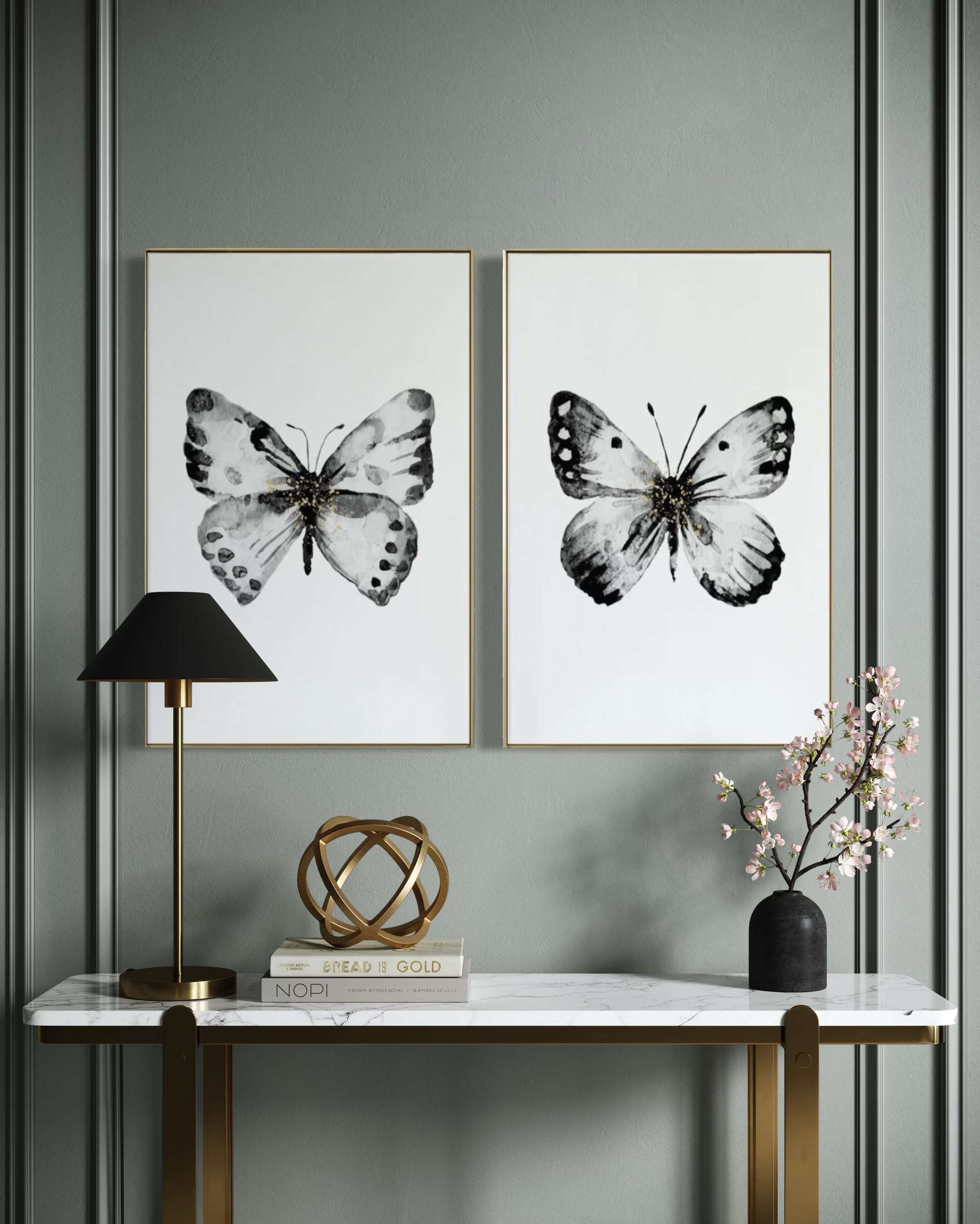 Cuadro Decorativo Abstracto Negro Arena 2-270 - Boceto Mariposas En Blanco, Negro y Dorado Arte Moderno Estilo Nordico