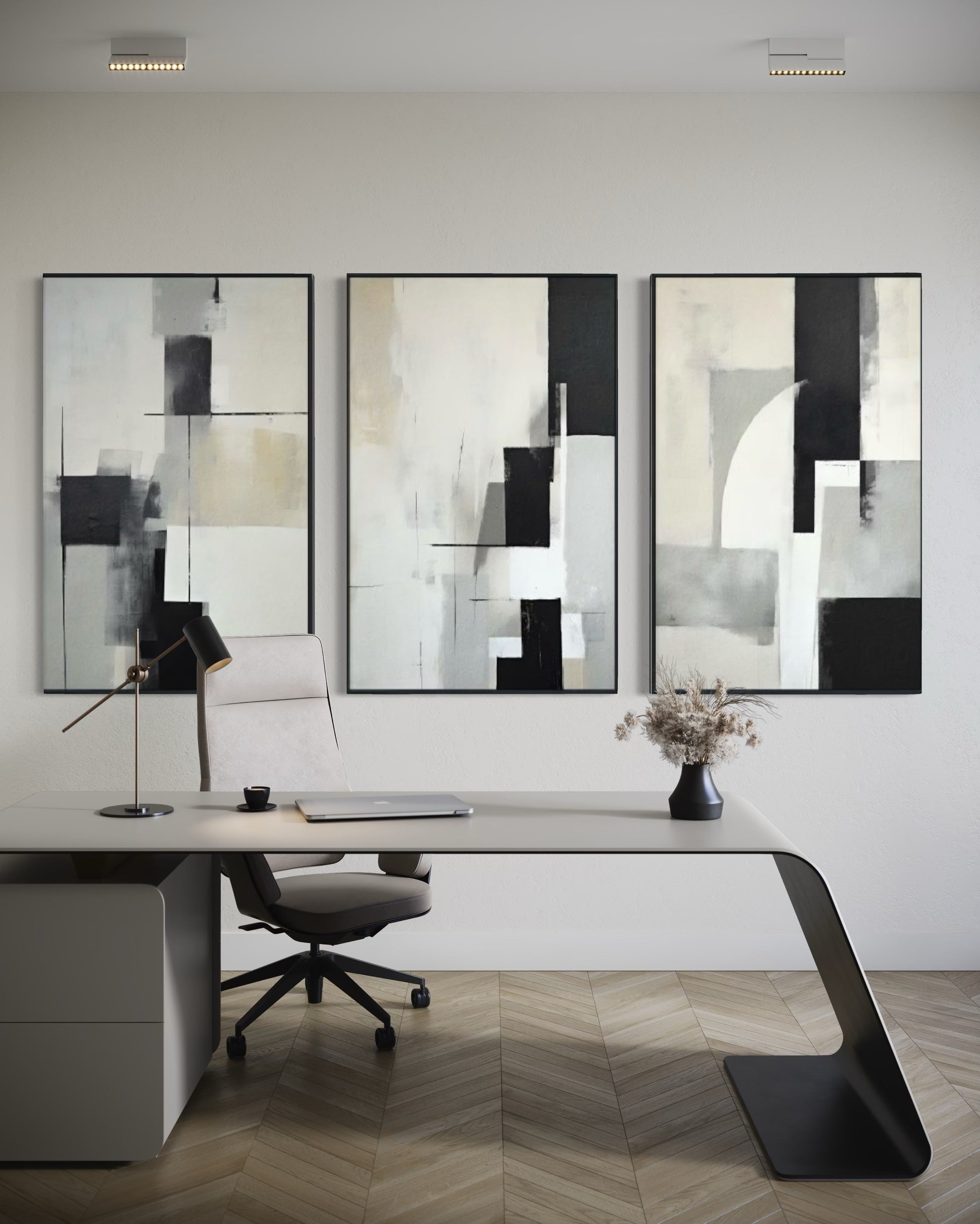 Set Cuadros Decorativos Abstracto Negro Arena 2-227 - Triptico Moderno y Elegante Arte Minimalista Estilo Nordico en Tonos Neutros