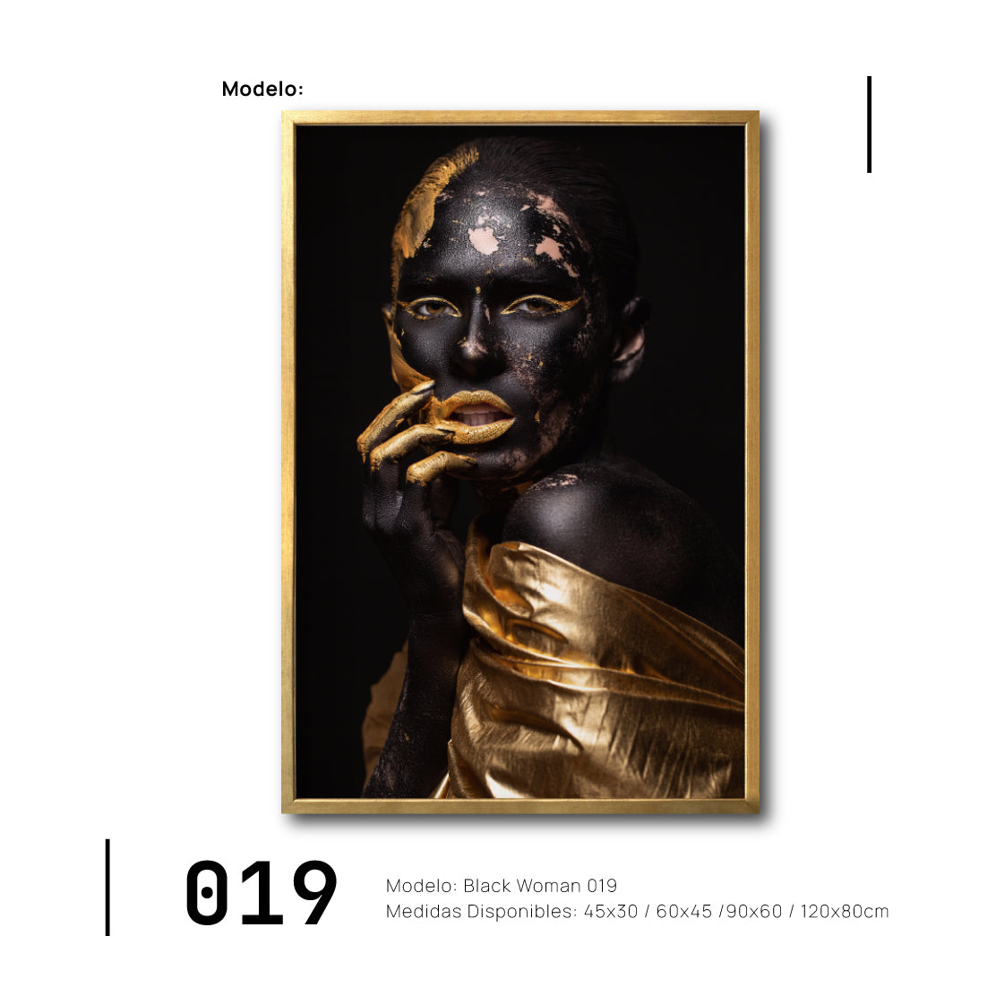 Cuadro Canvas Mujer Negra Africana con dorado, Modernos para sala. Galería314. 019. Arte en blanco y negro.