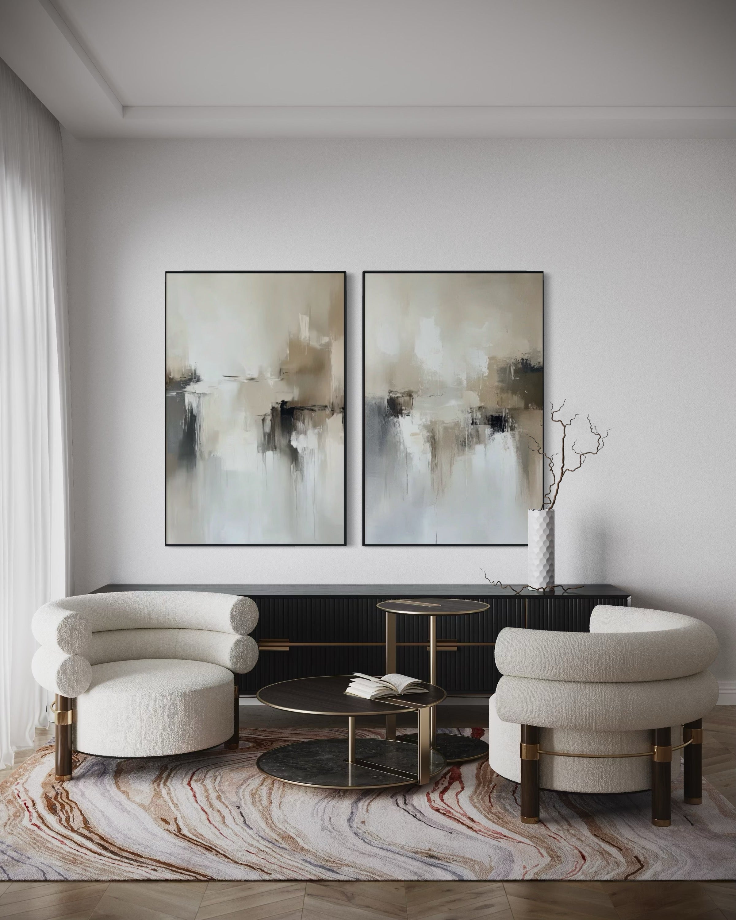 Set Cuadros Decorativos Abstracto Negro Arena 2 - 201 - Diptico Minimalista Estilo Nordico en Tonos Neutros