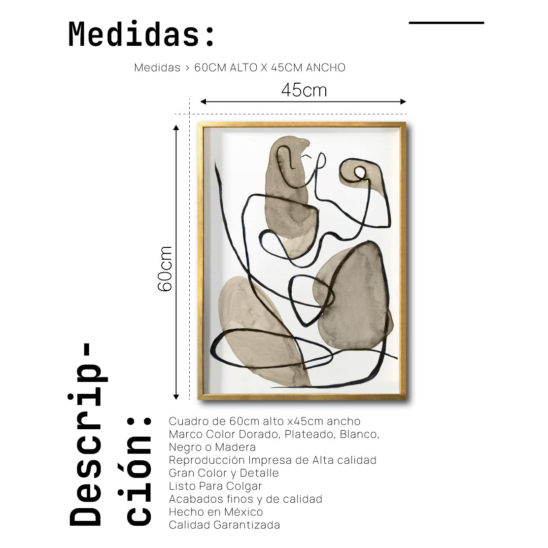 Cuadro Decorativo Abstracto Negro Arena 019 - Arte Boho Silueta Femenina Línea Continua en tonos Neutros