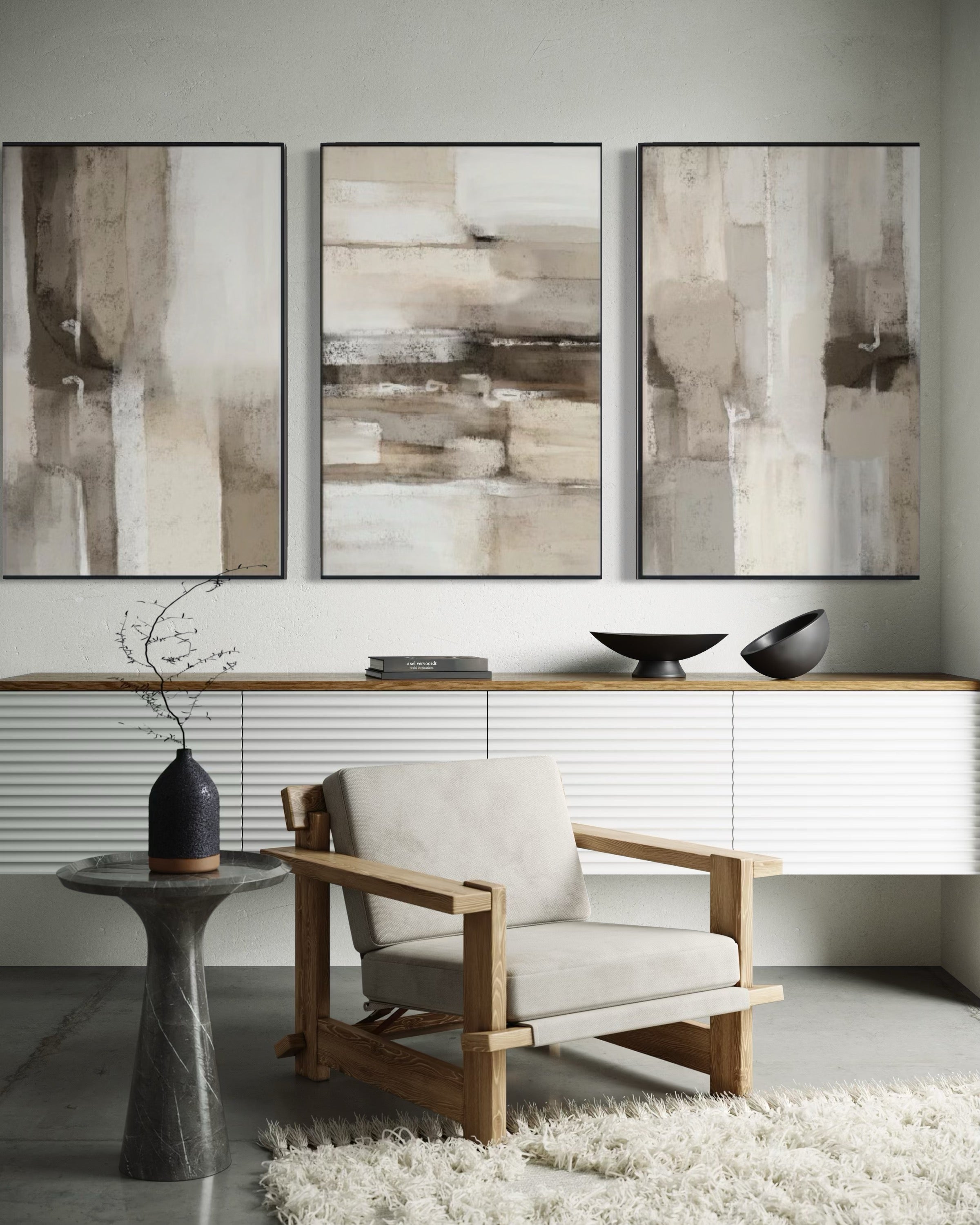 Set Cuadros Decorativos Abstracto Negro Arena 2 - 211 - Triptico En tonos Beige y Cafe Colores Neutros Arte Moderno Estilo Boho Nordico